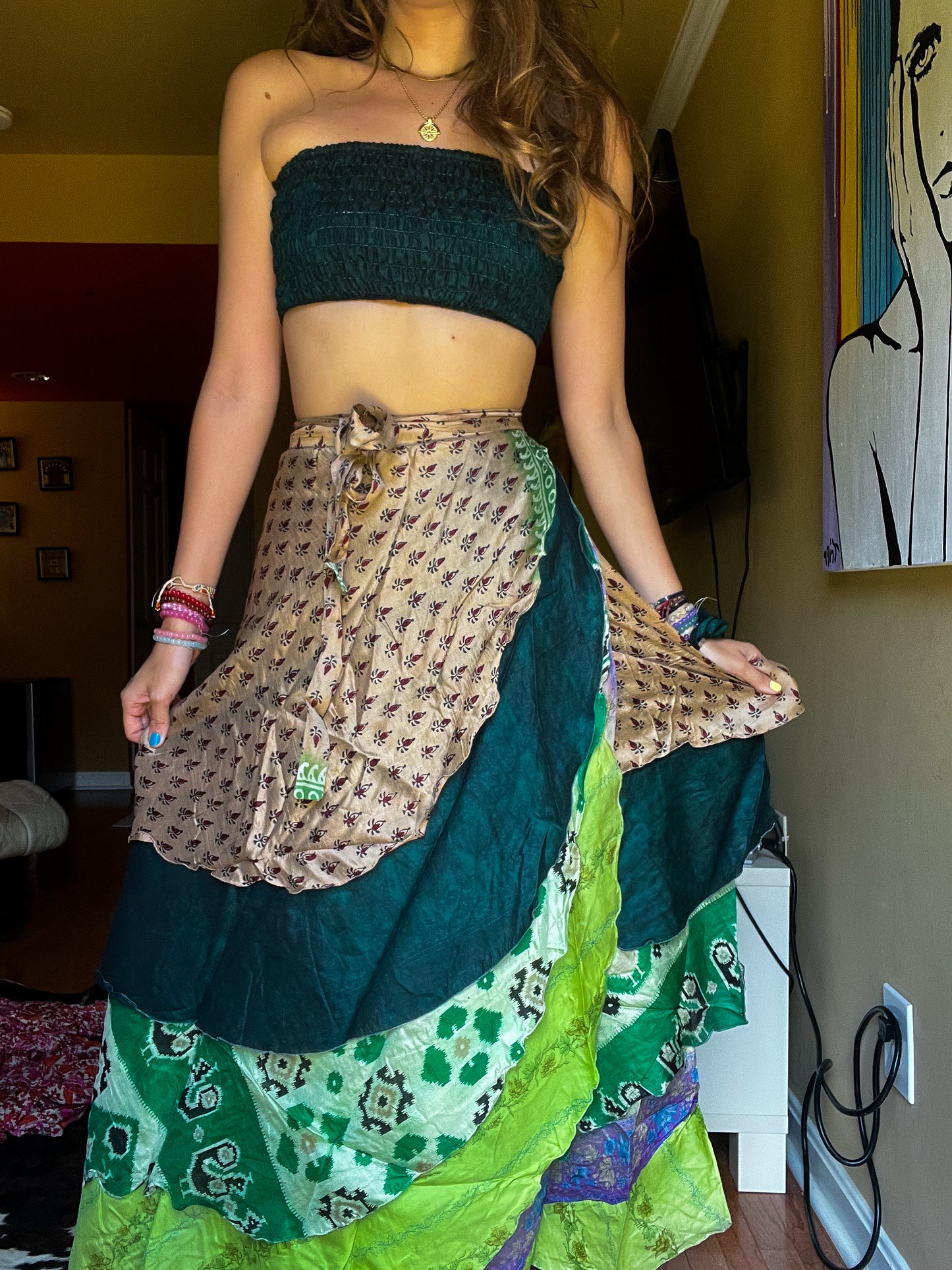 sari wrap skirt #15- brown, & greens