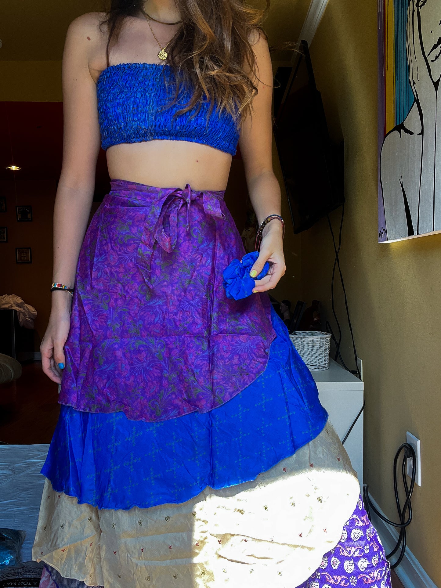 sari wrap skirt #6 - purple, blue, white