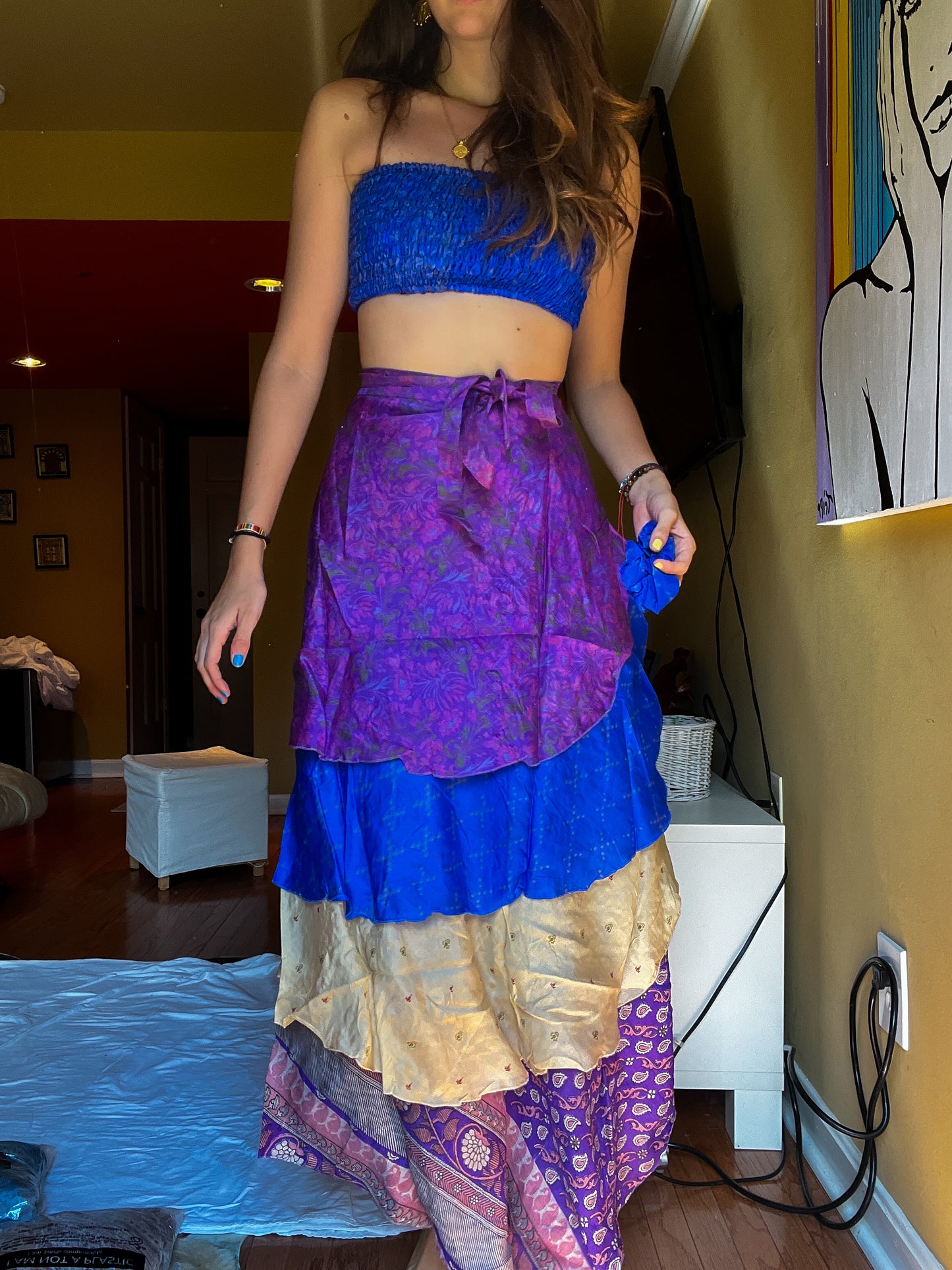 sari wrap skirt #6 - purple, blue, white