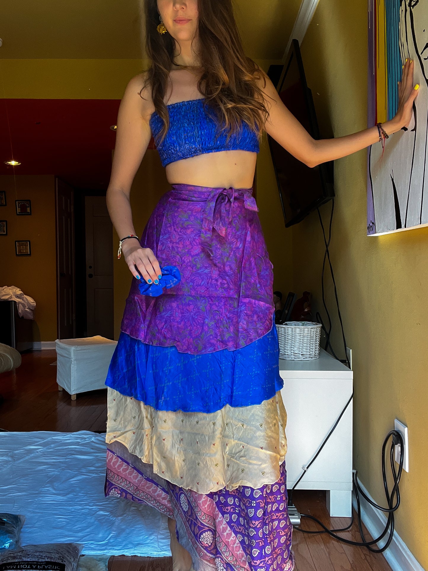 sari wrap skirt #6 - purple, blue, white