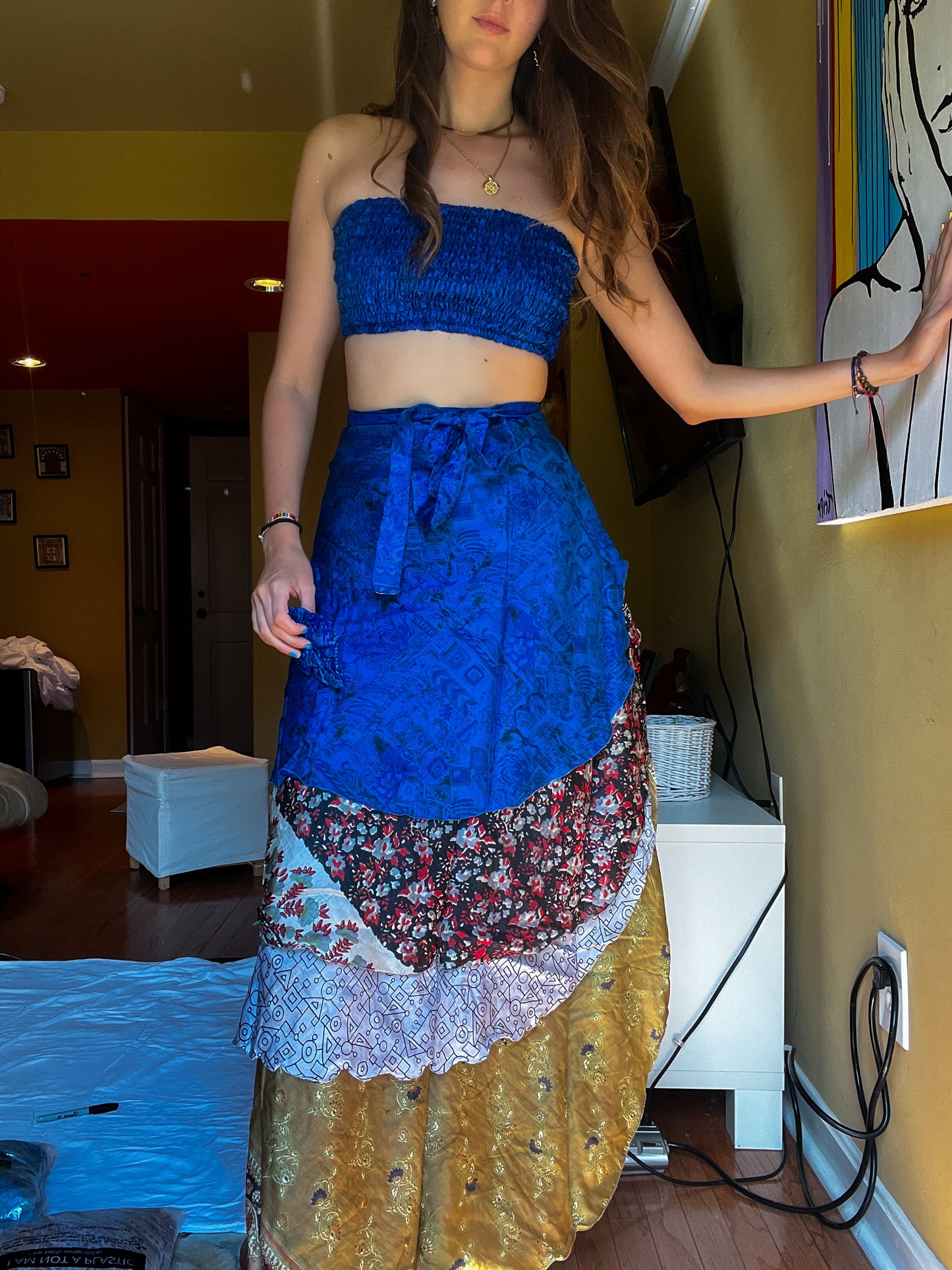sari wrap skirt #5 - blue, brown