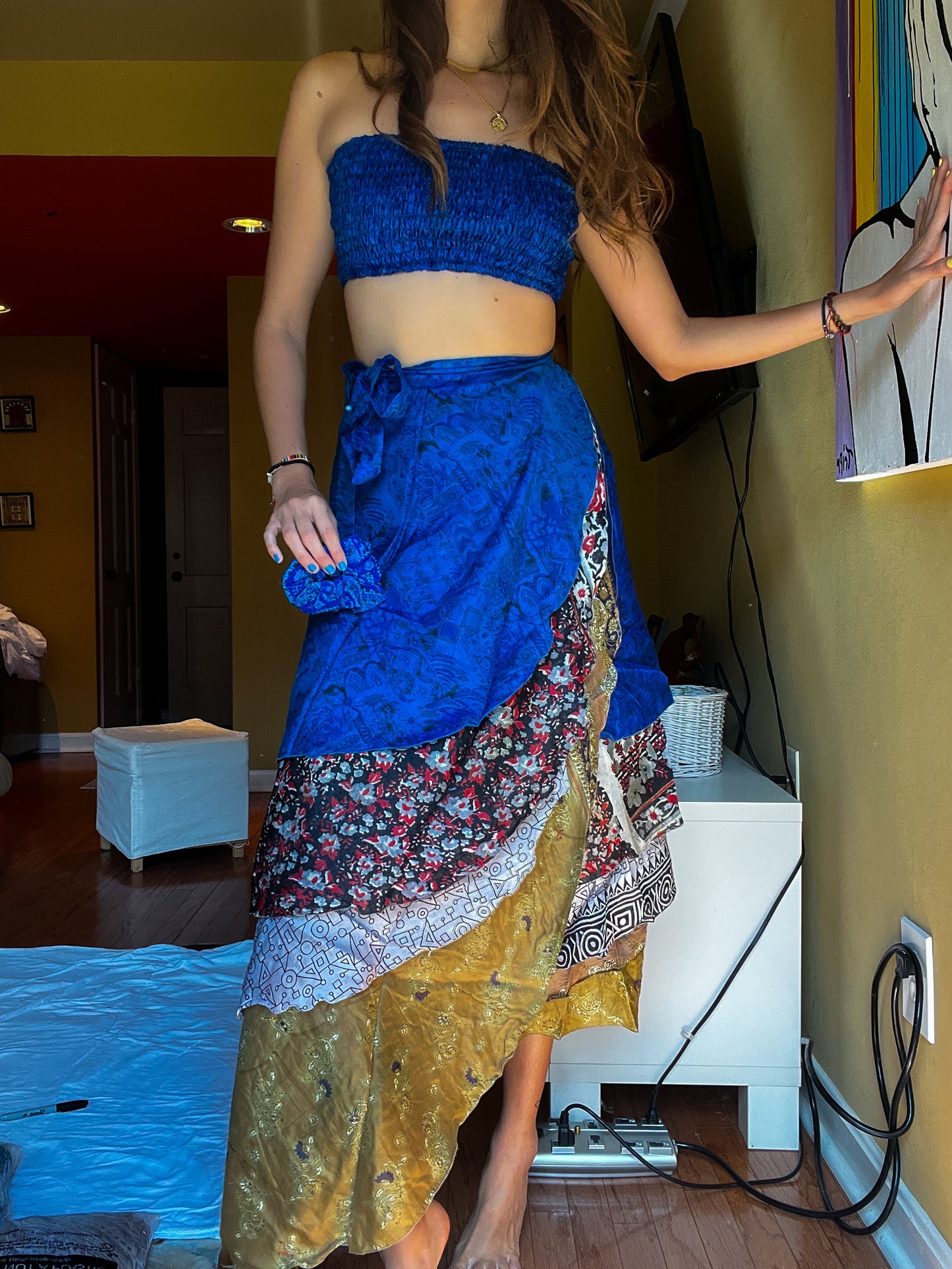 sari wrap skirt #5 - blue, brown