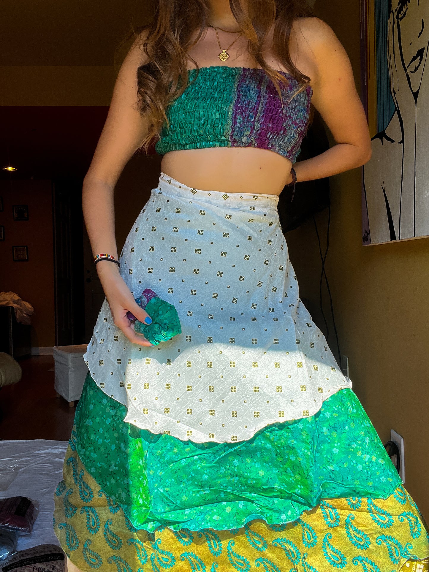 sari wrap skirt #11- green & white