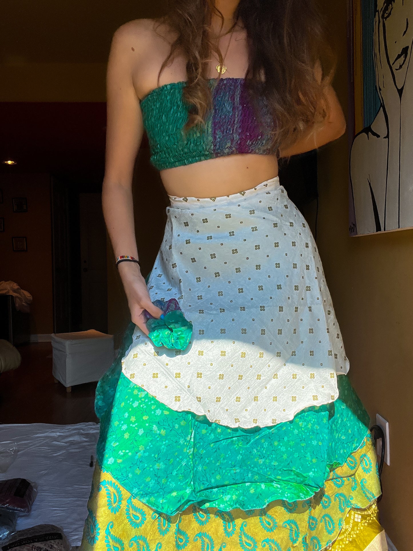 sari wrap skirt #11- green & white