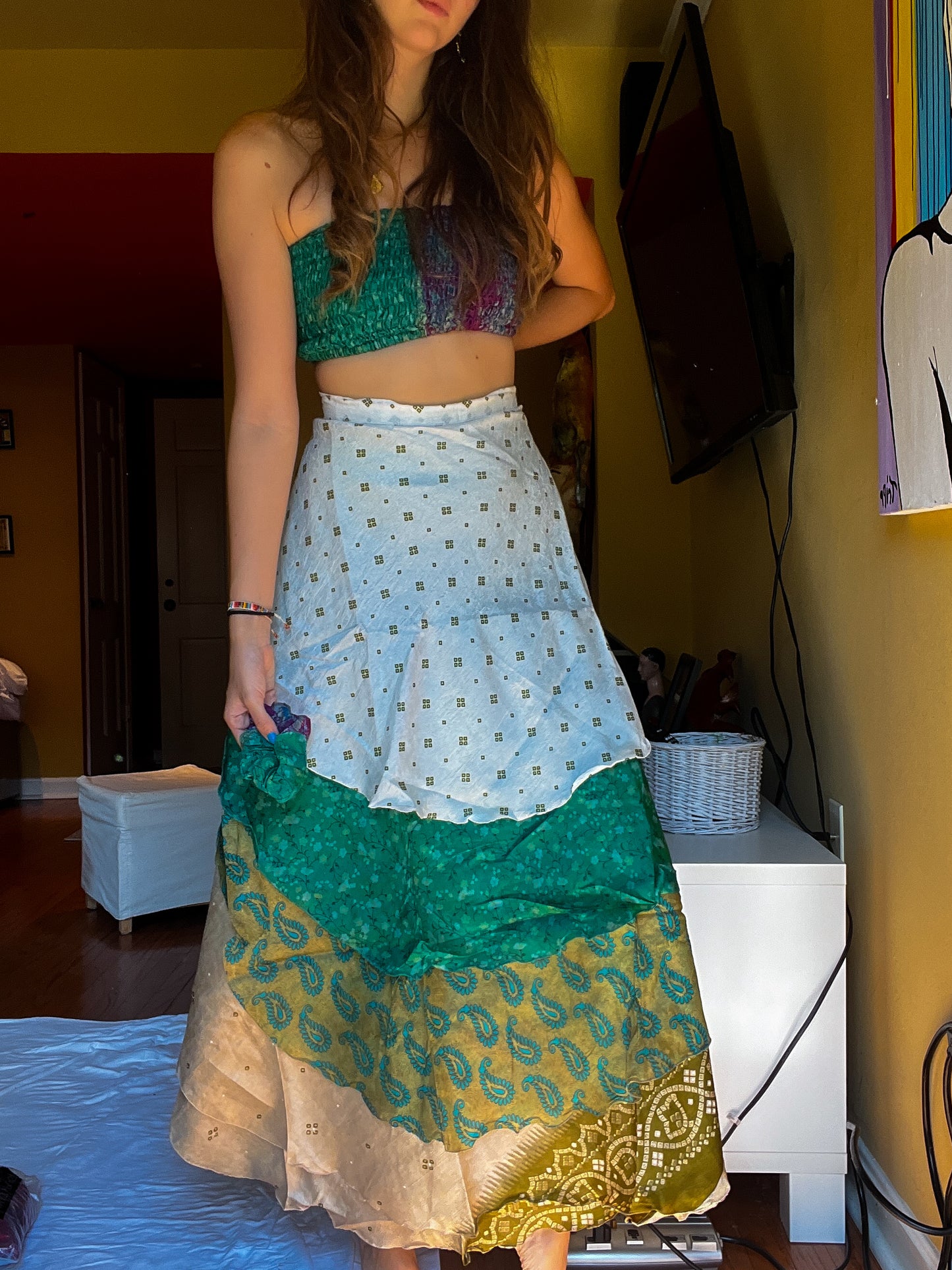 sari wrap skirt #11- green & white