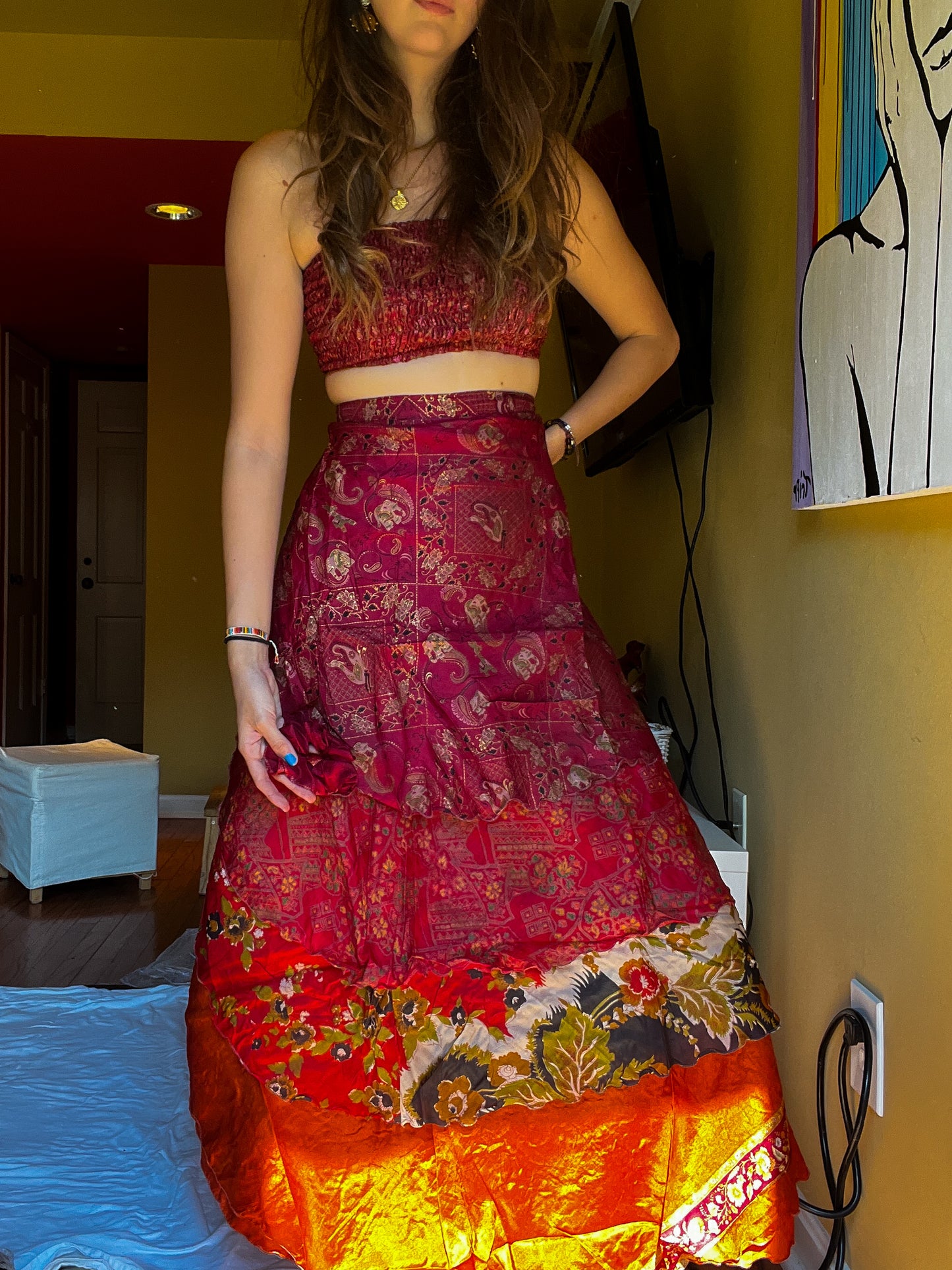 sari wrap skirt #14- red & orange