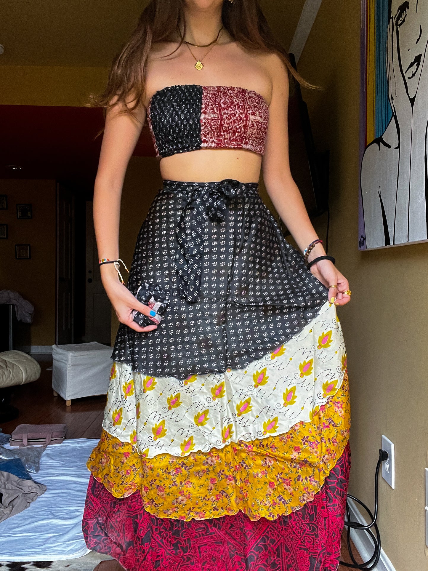 sari wrap skirt #19- black, red, gold
