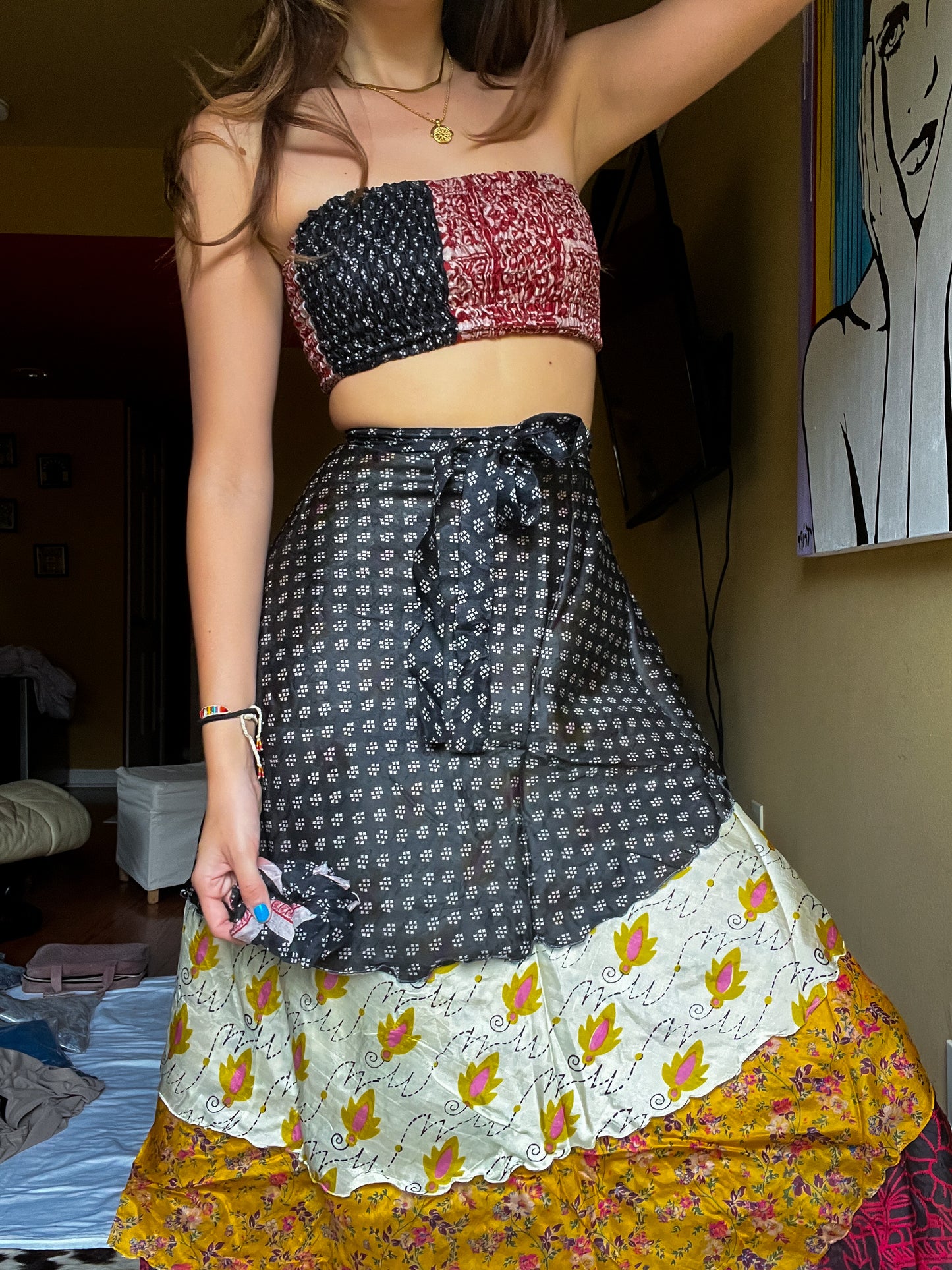 sari wrap skirt #19- black, red, gold