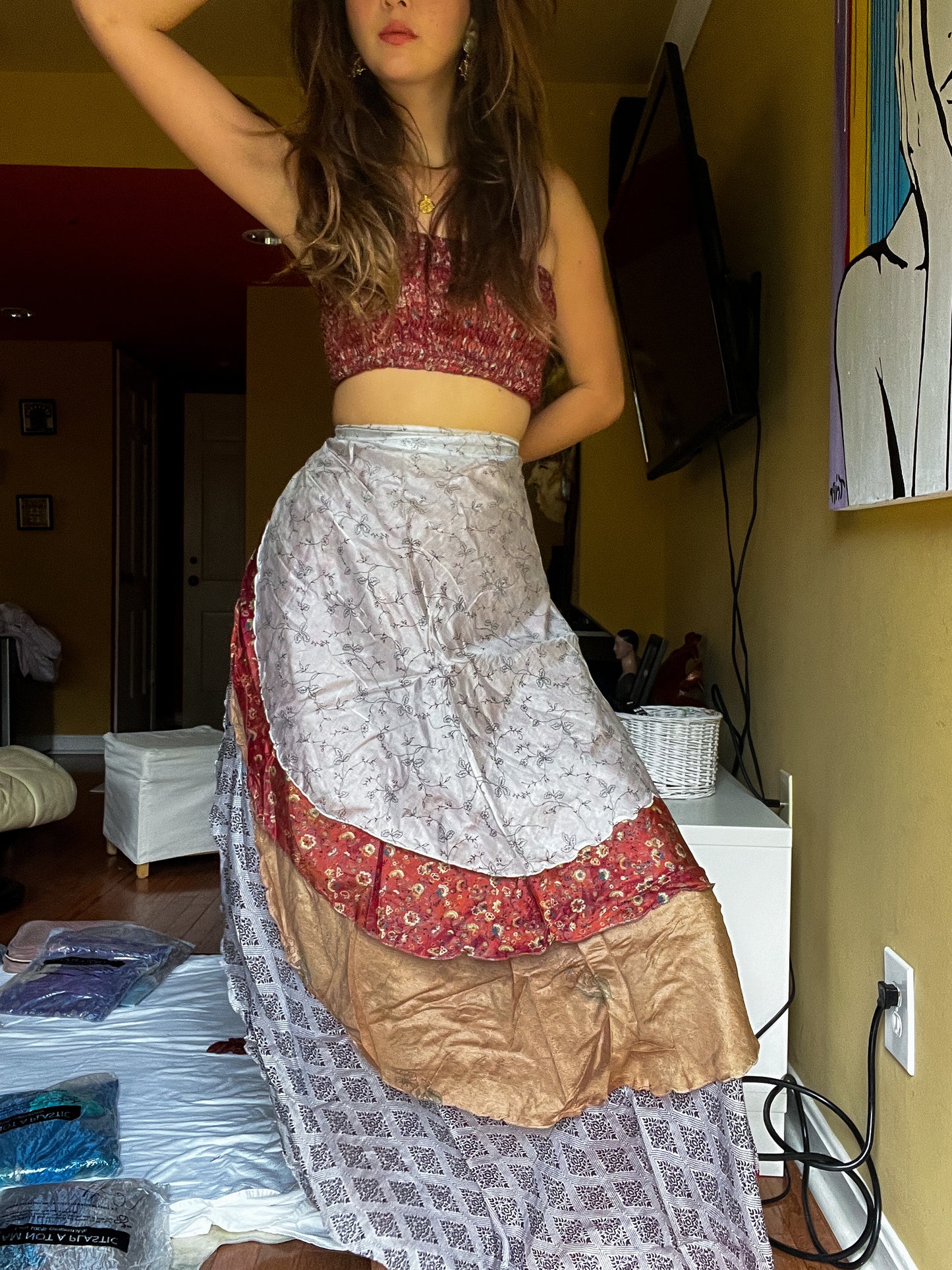 sari wrap skirt #22- brown, white , beige