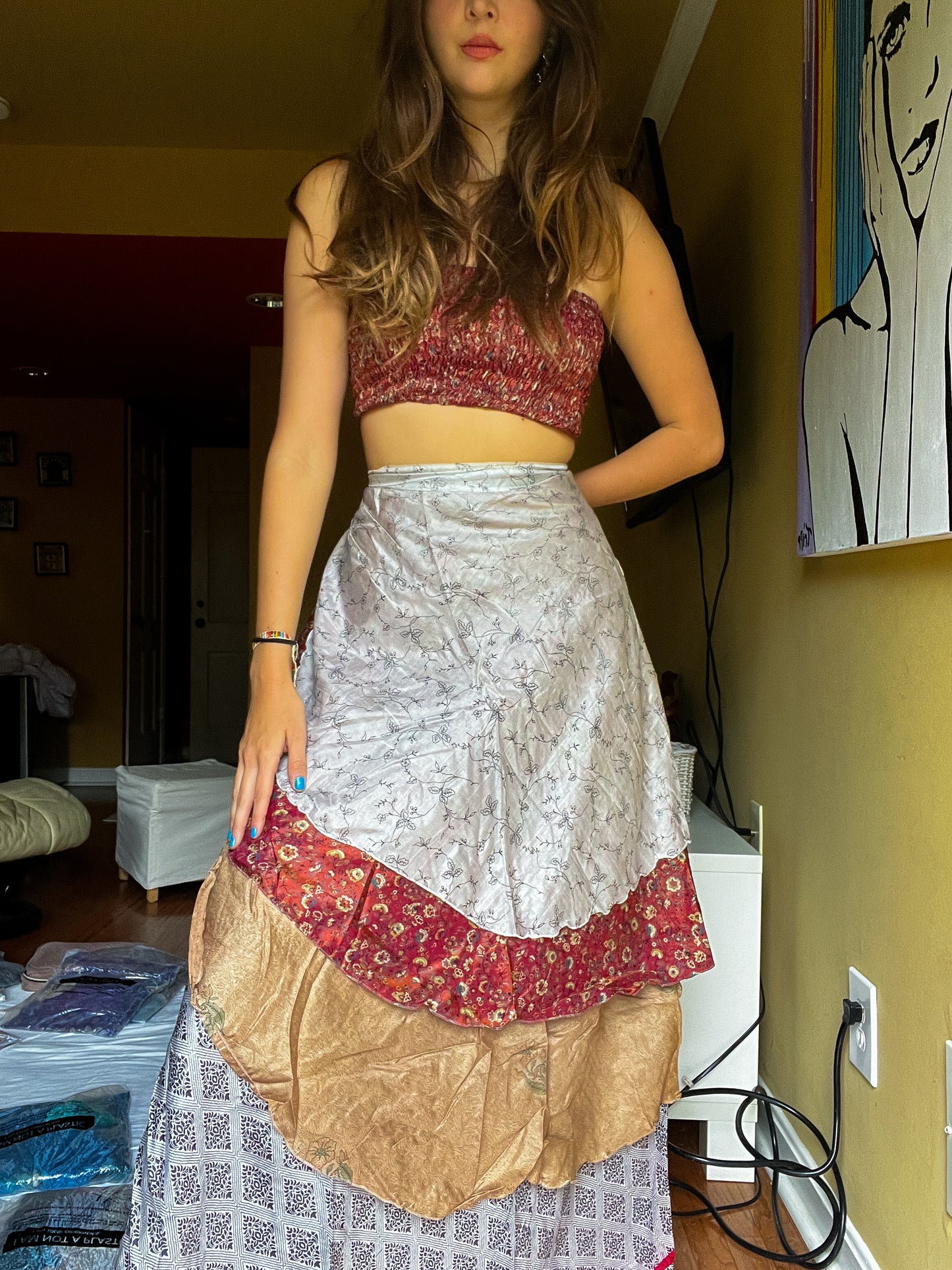 sari wrap skirt #22- brown, white , beige