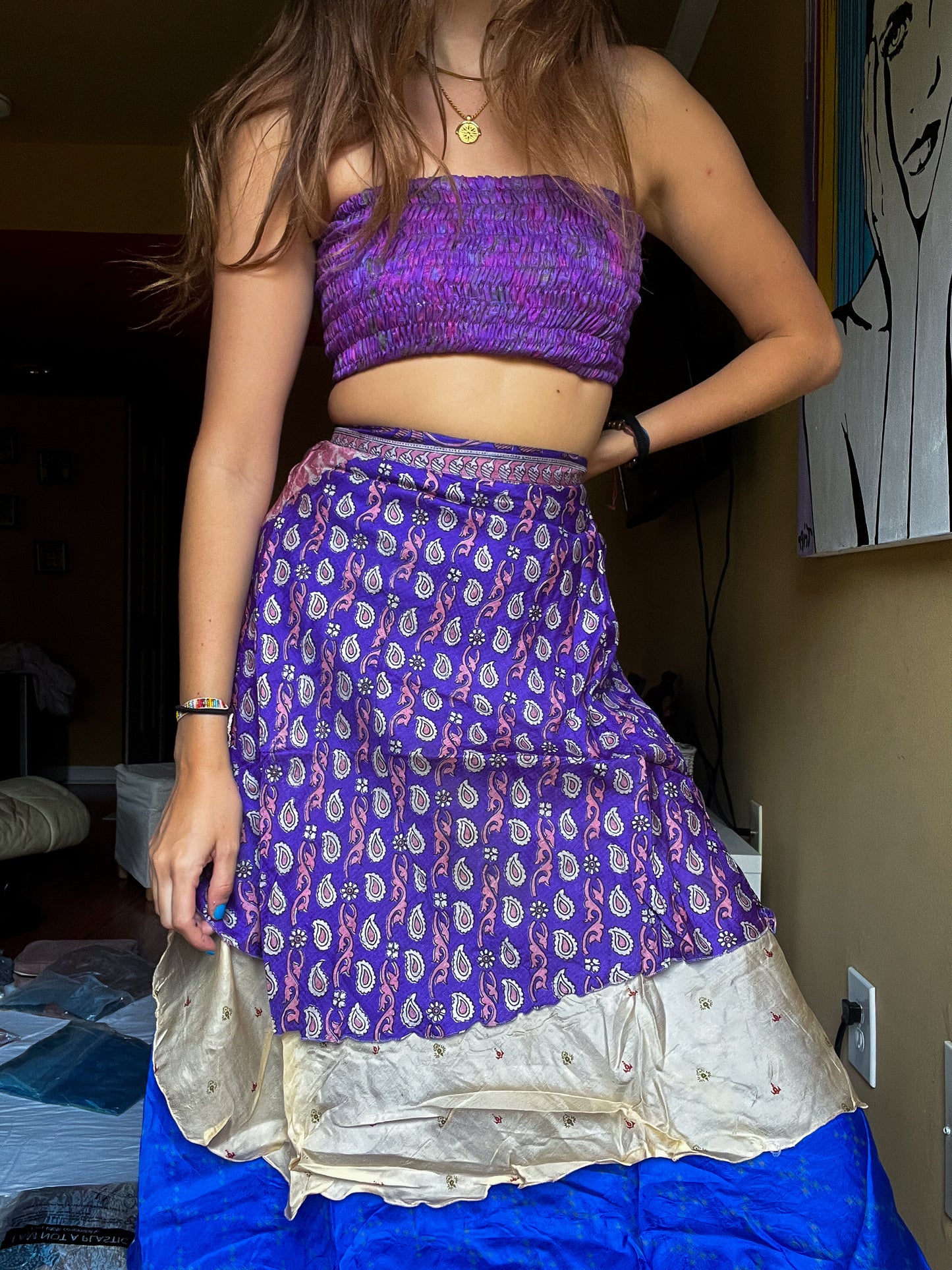 sari wrap skirt #23- purple, white, blue
