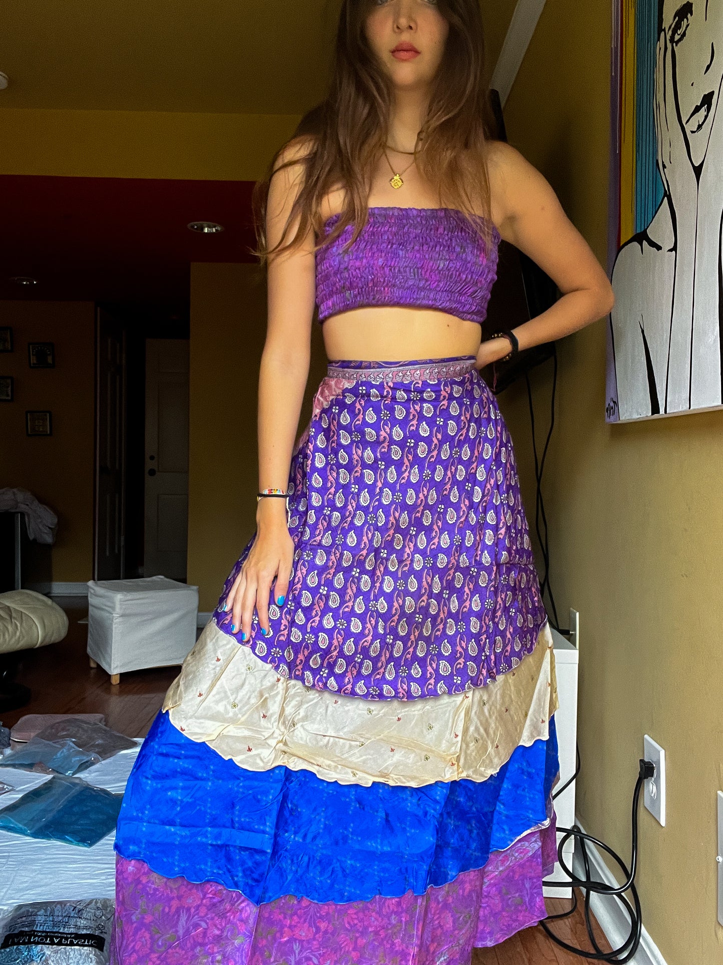 sari wrap skirt #23- purple, white, blue