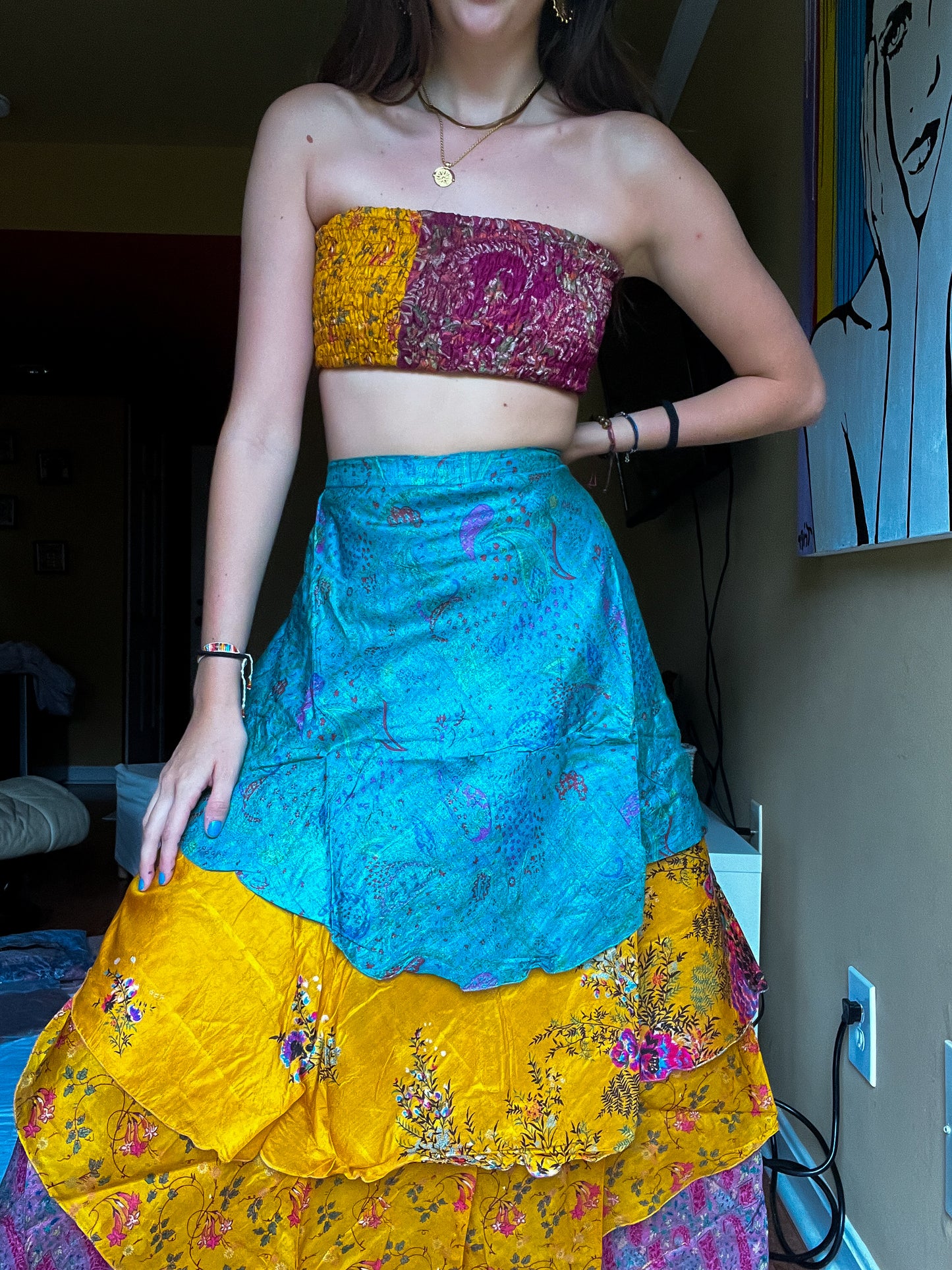 sari wrap skirt #26- blue, orange, pink