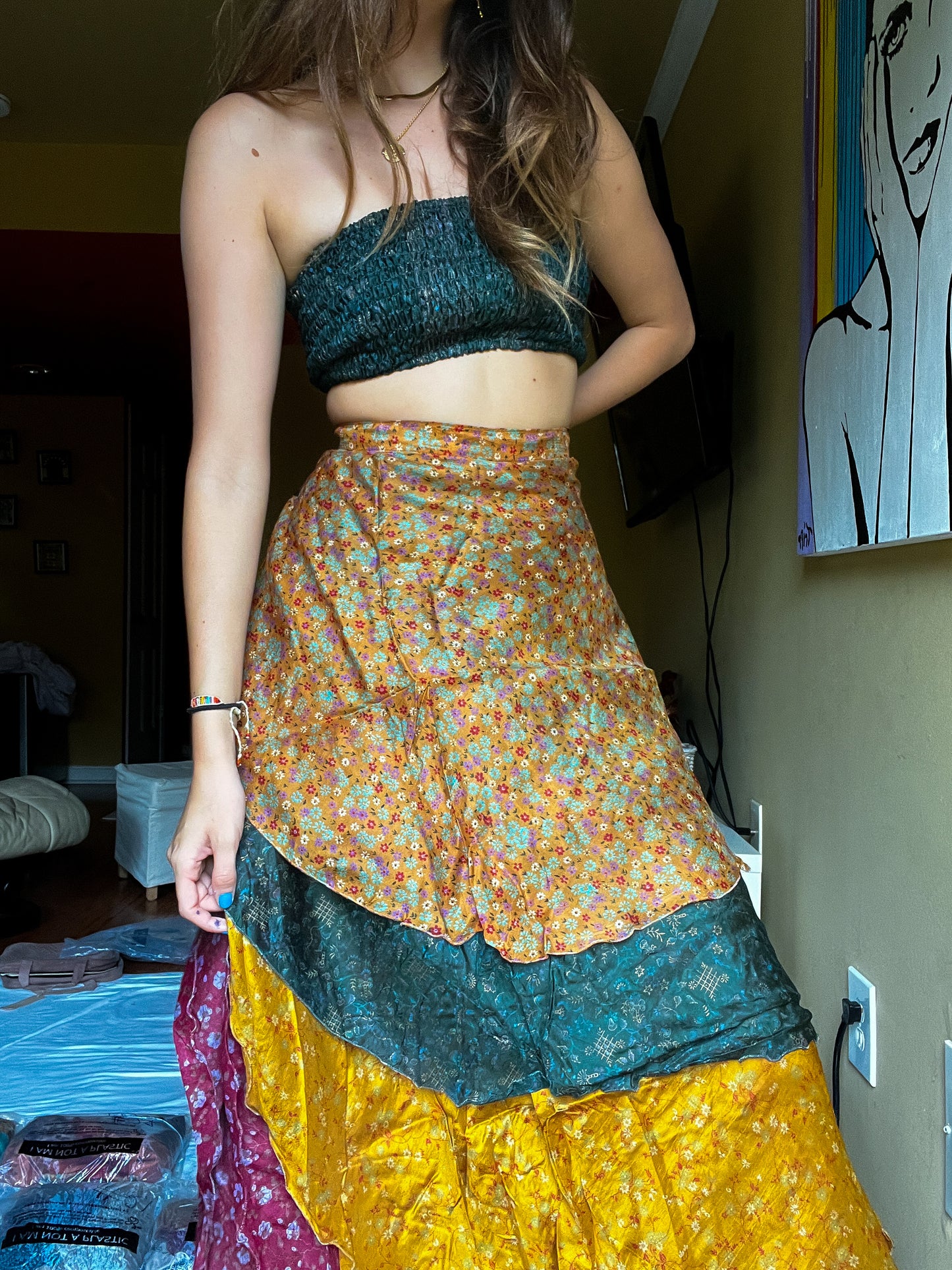 sari wrap skirt #28- green, red, gold