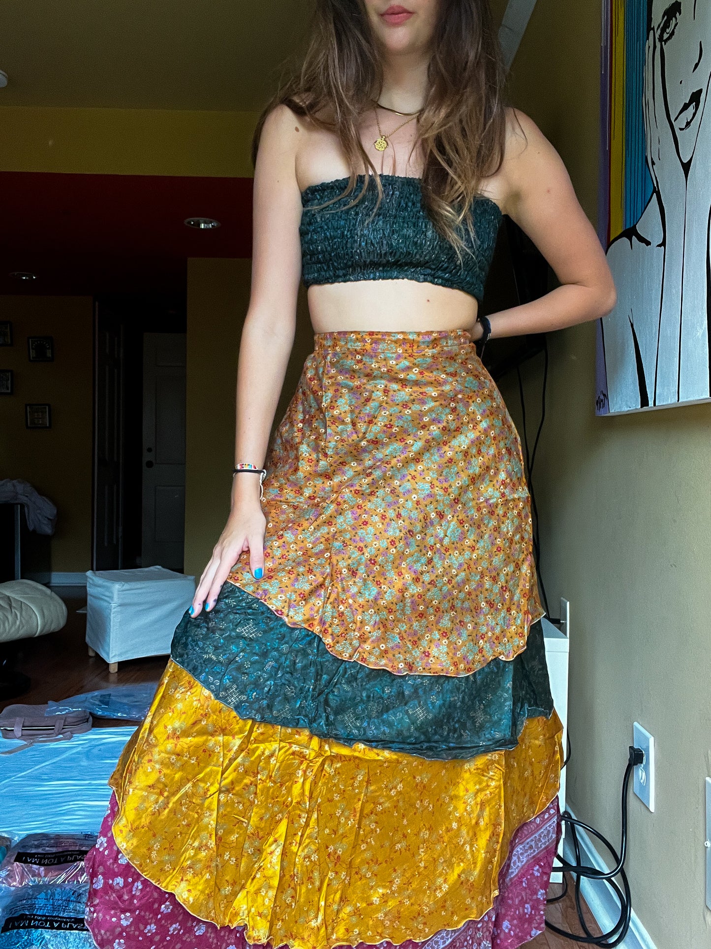 sari wrap skirt #28- green, red, gold