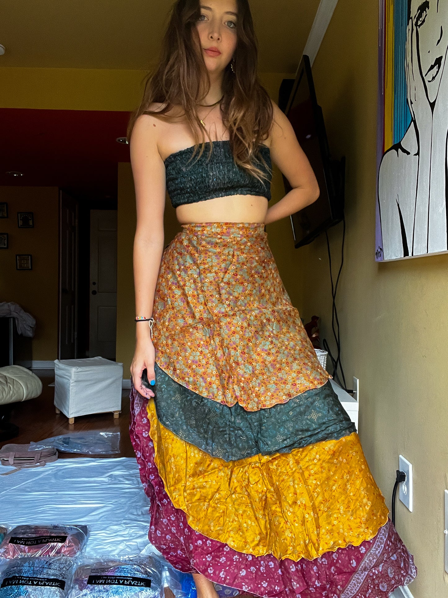sari wrap skirt #28- green, red, gold