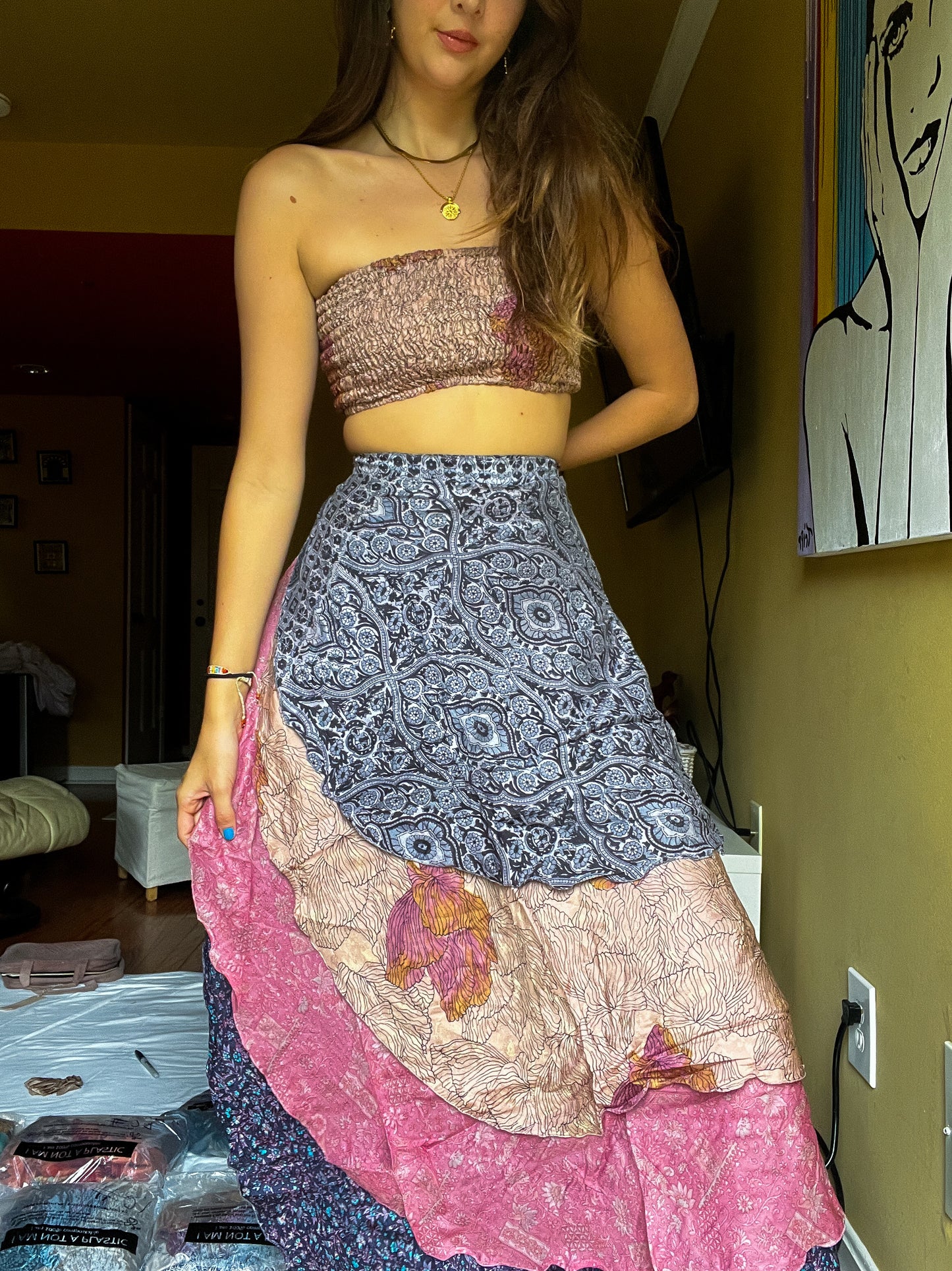 sari wrap skirt #29- pink, brown, blue