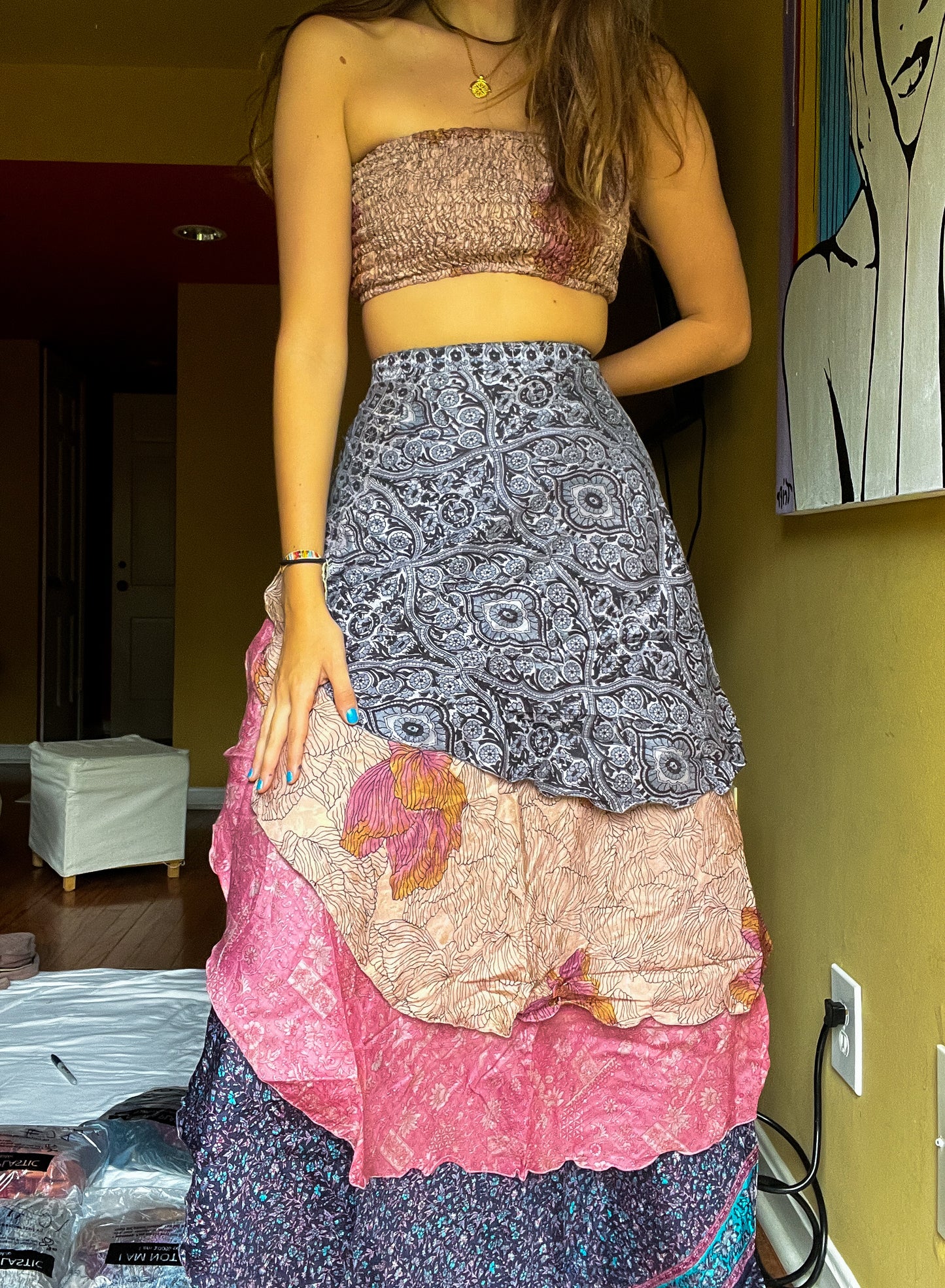sari wrap skirt #29- pink, brown, blue