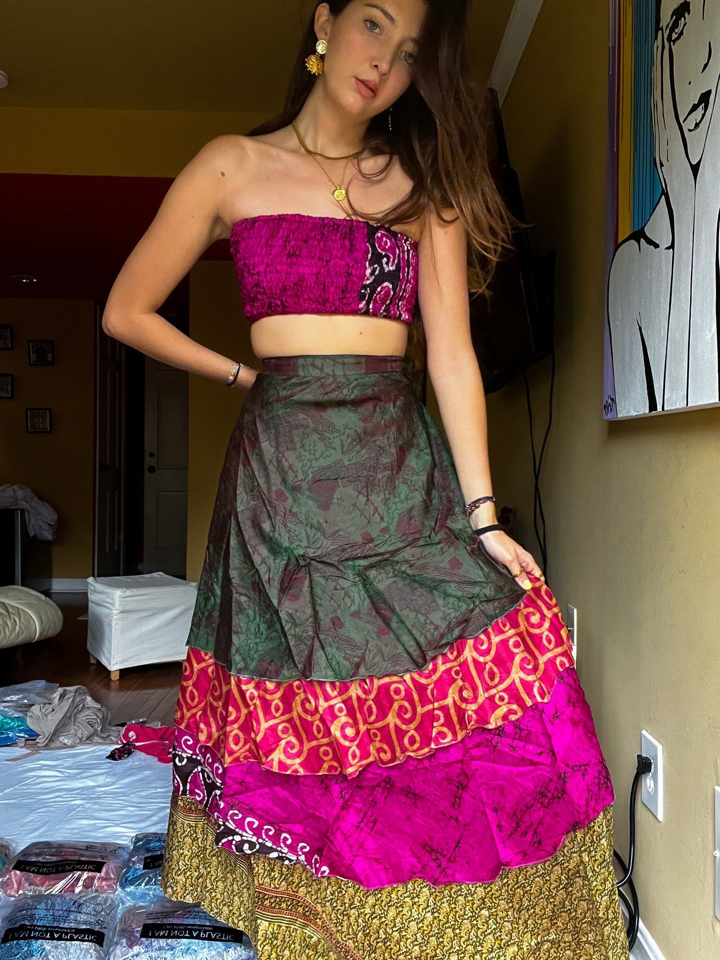 sari wrap skirt #32- dark green, pink