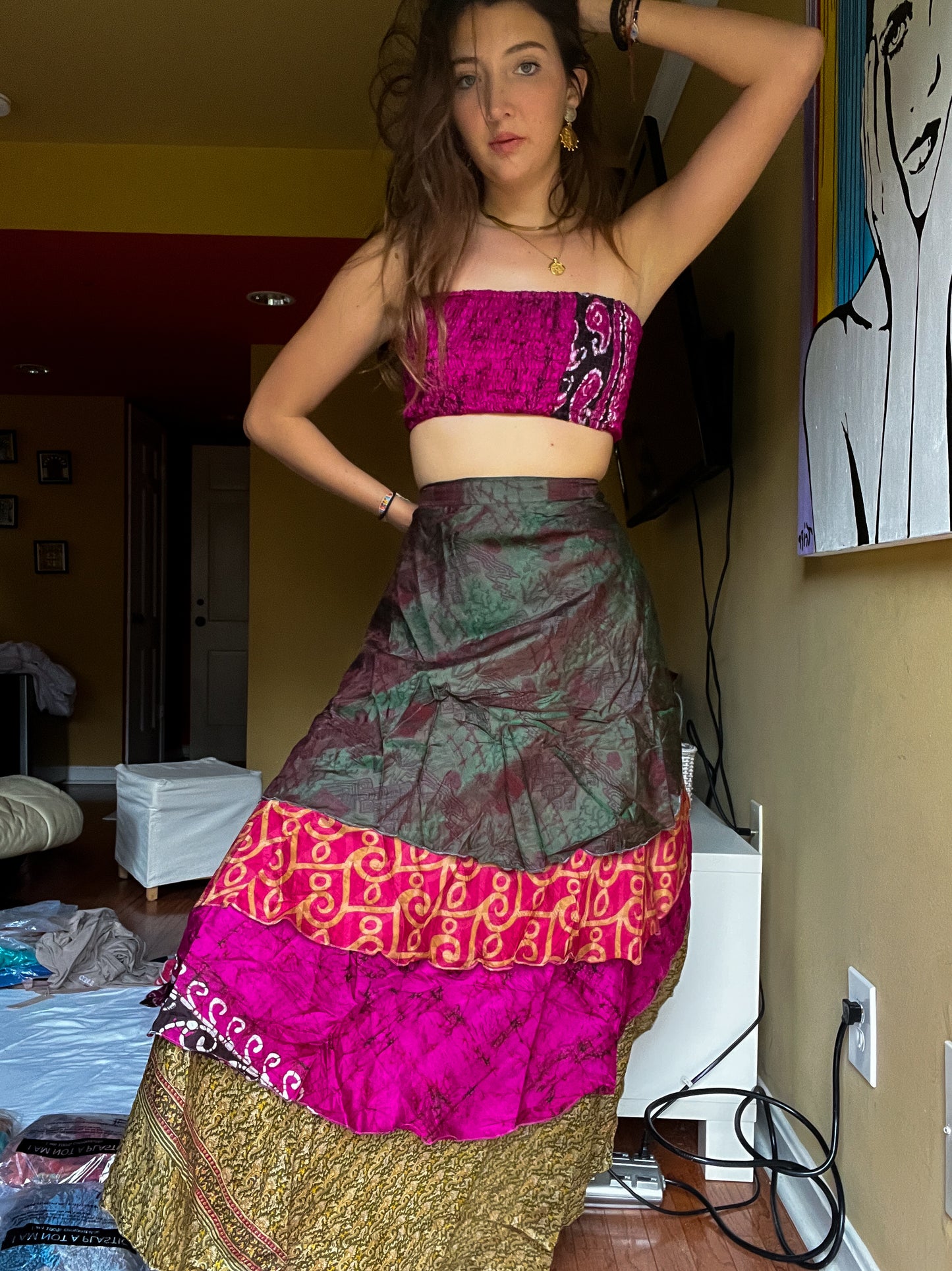 sari wrap skirt #32- dark green, pink