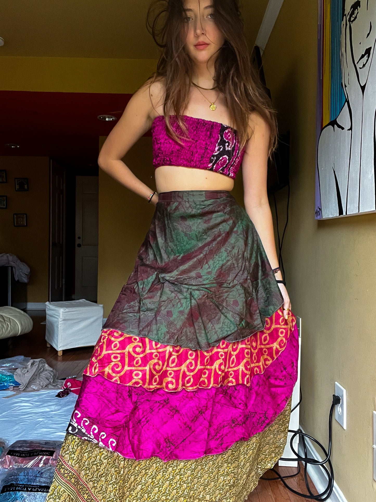 sari wrap skirt #32- dark green, pink