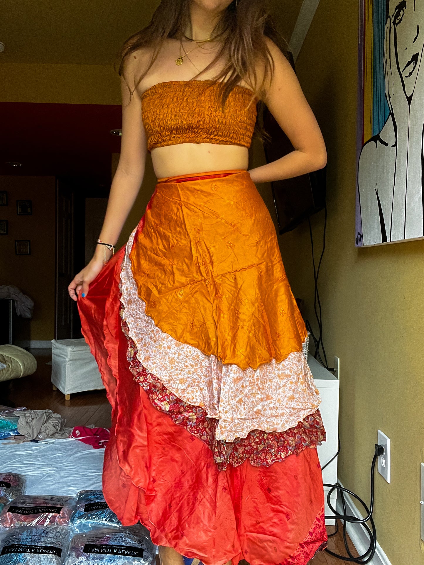 sari wrap skirt #33- orange,