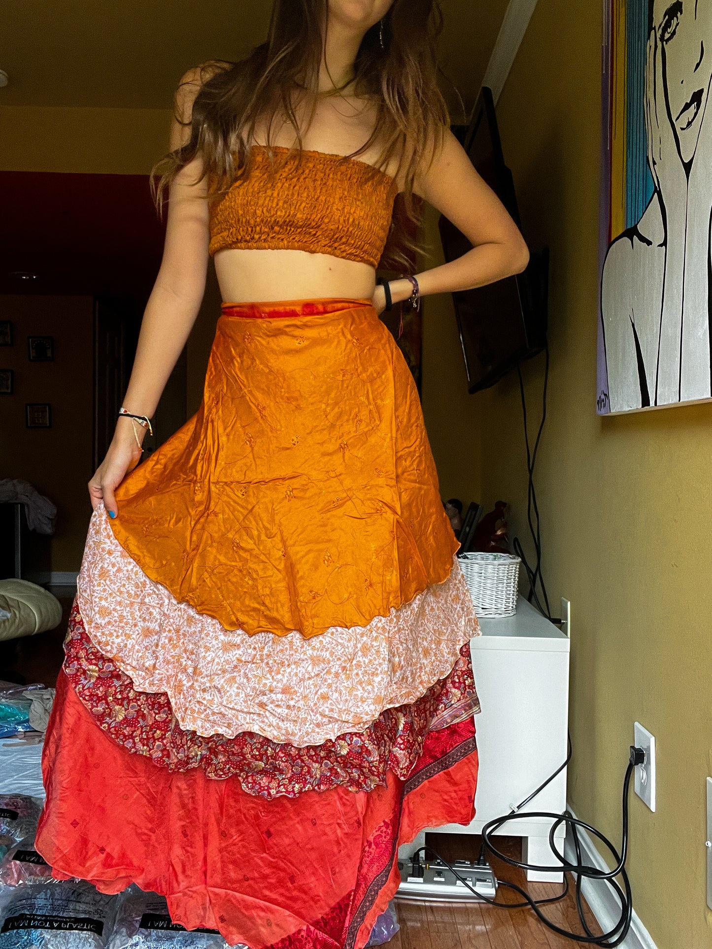sari wrap skirt #33- orange,