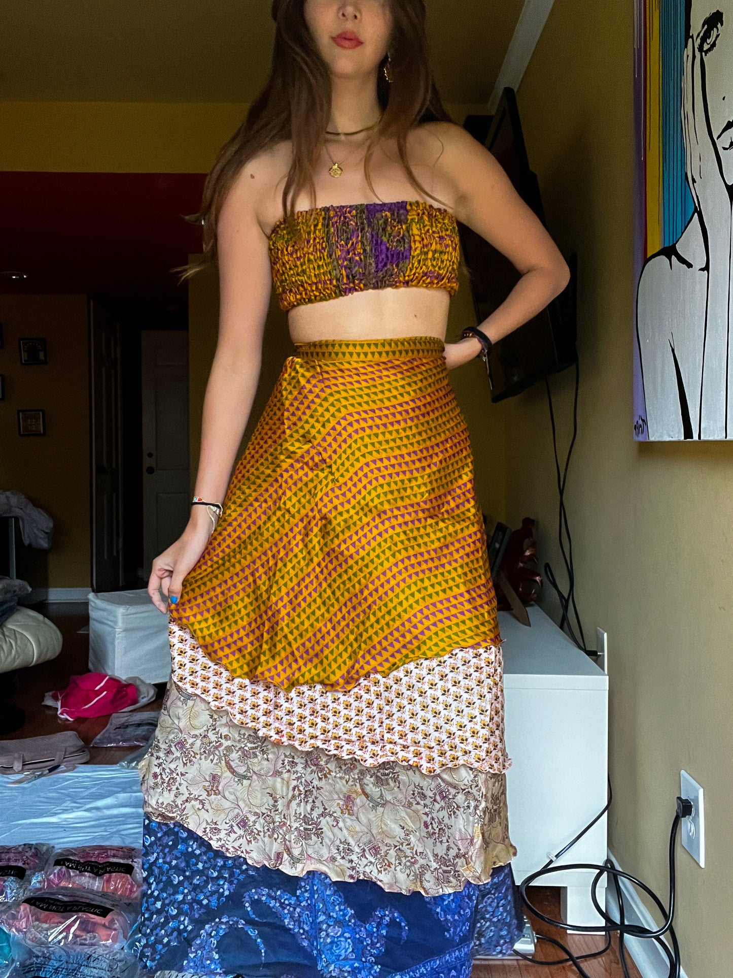 sari wrap skirt #36- gold, beige, blue