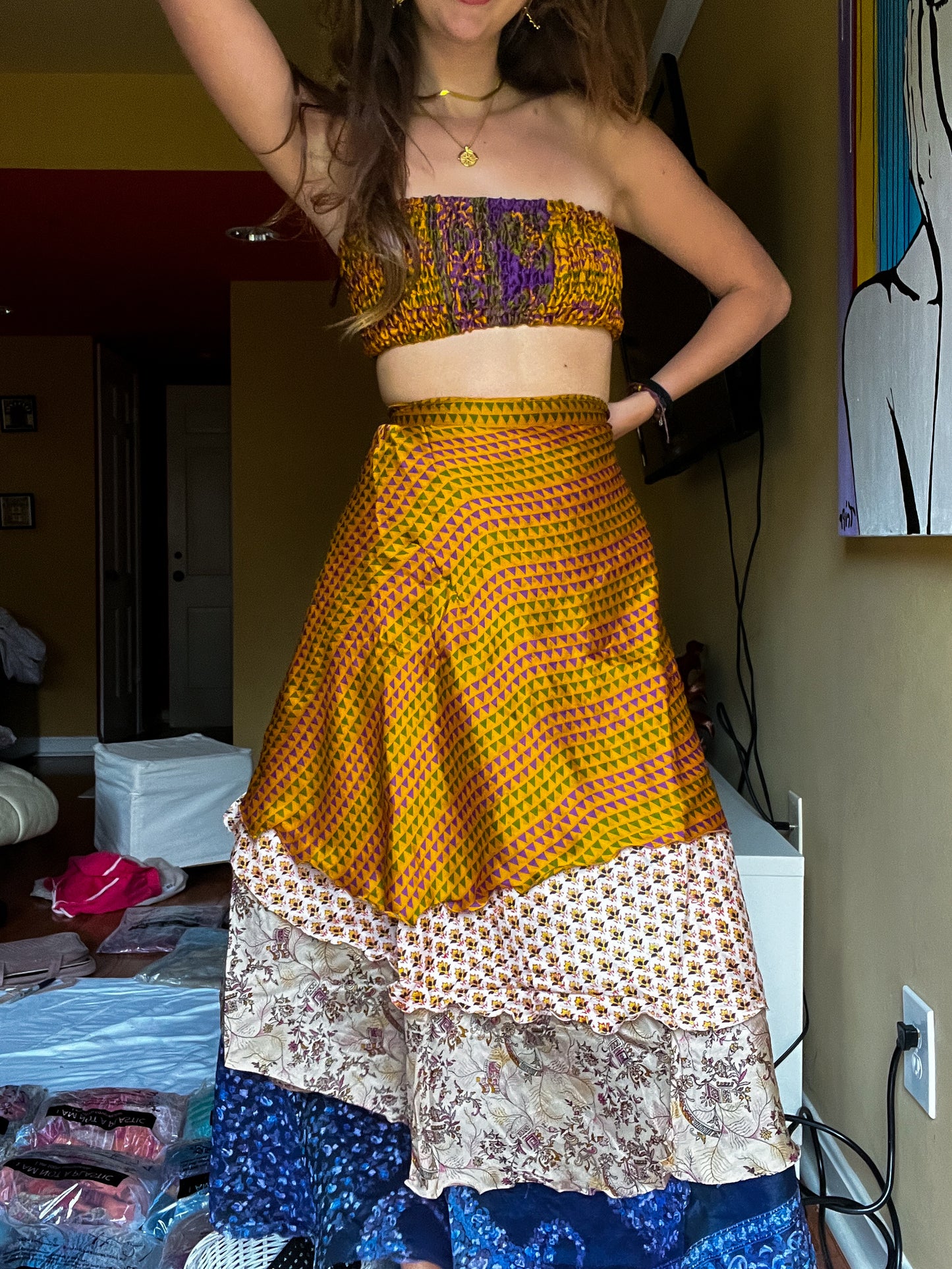 sari wrap skirt #36- gold, beige, blue