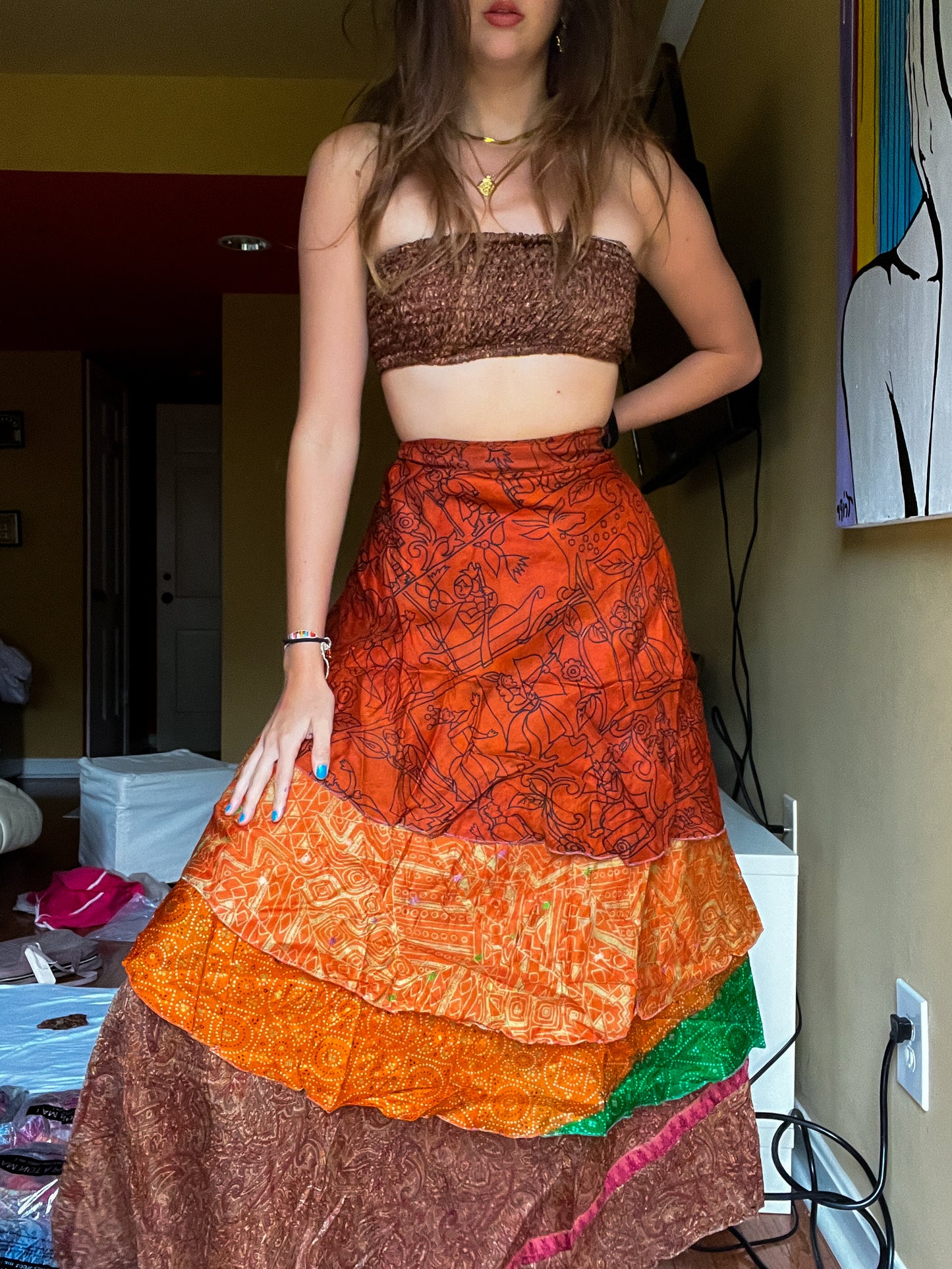 sari wrap skirt #38- brown, orange