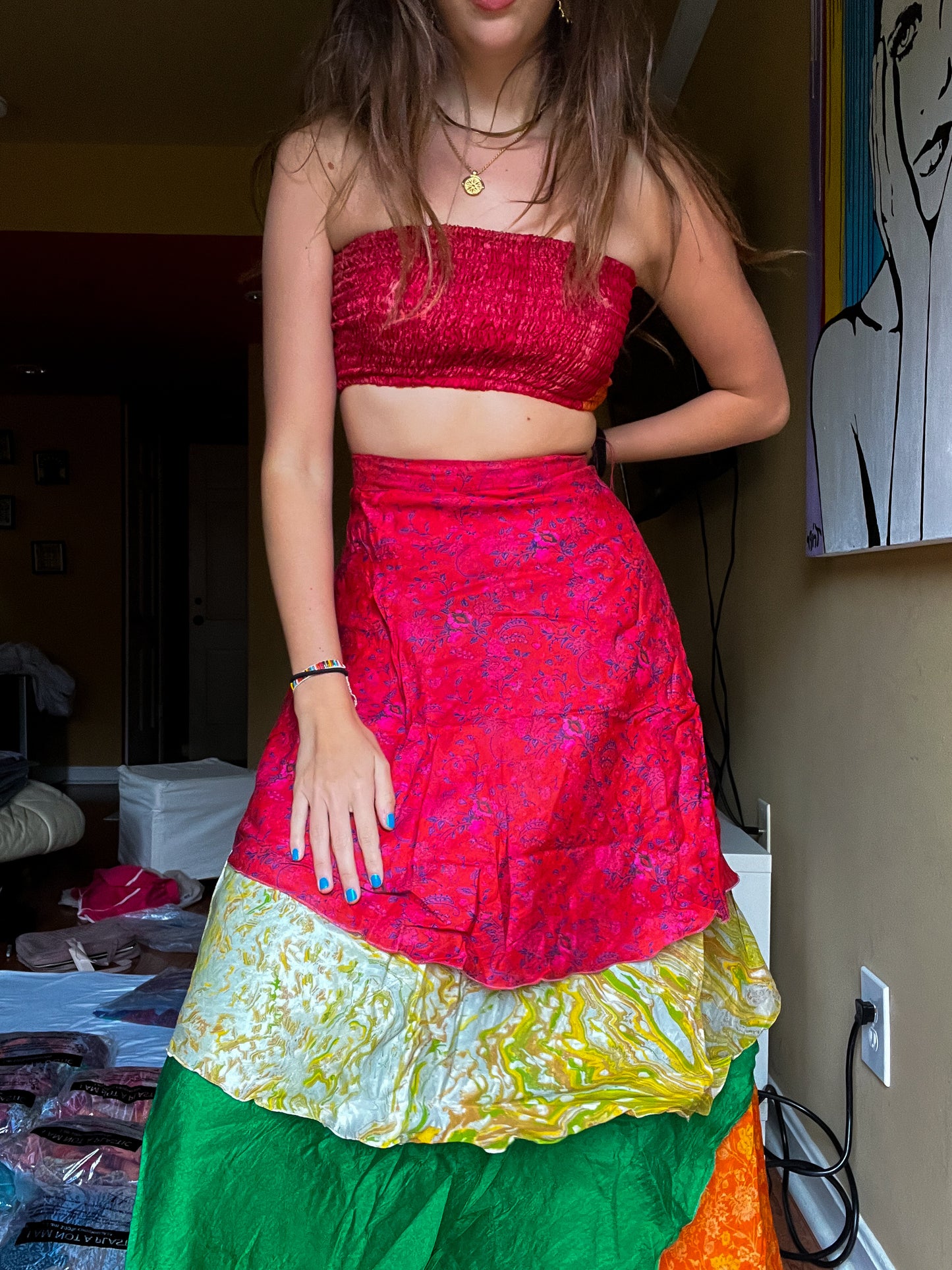sari wrap skirt #39- red, green, orange