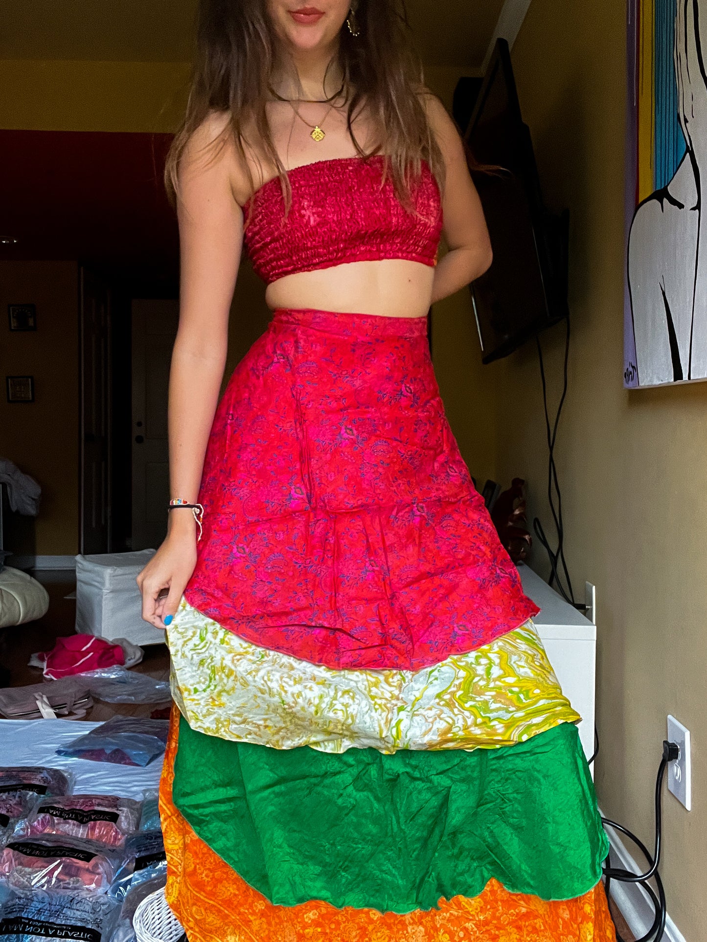 sari wrap skirt #39- red, green, orange
