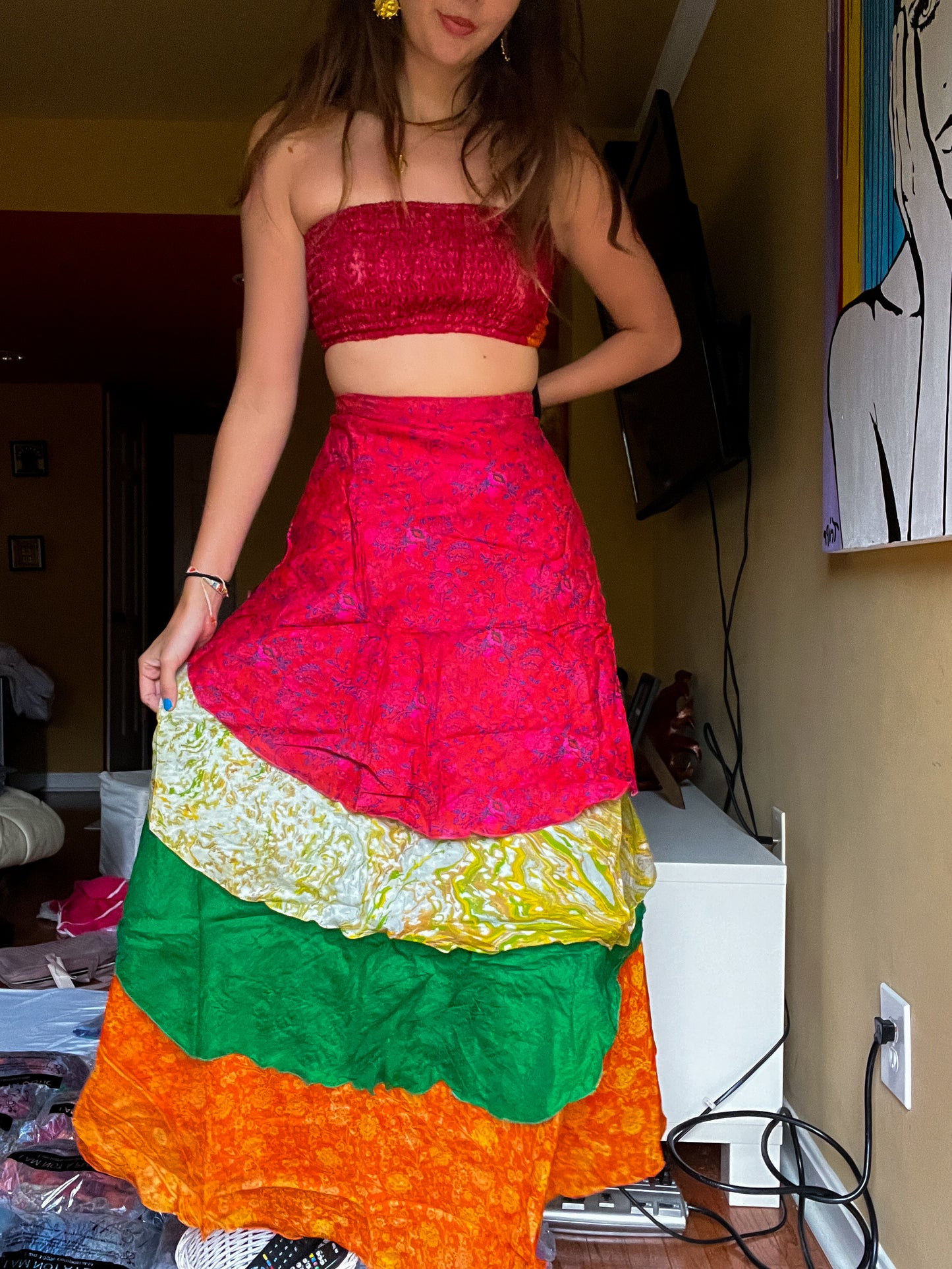 sari wrap skirt #39- red, green, orange