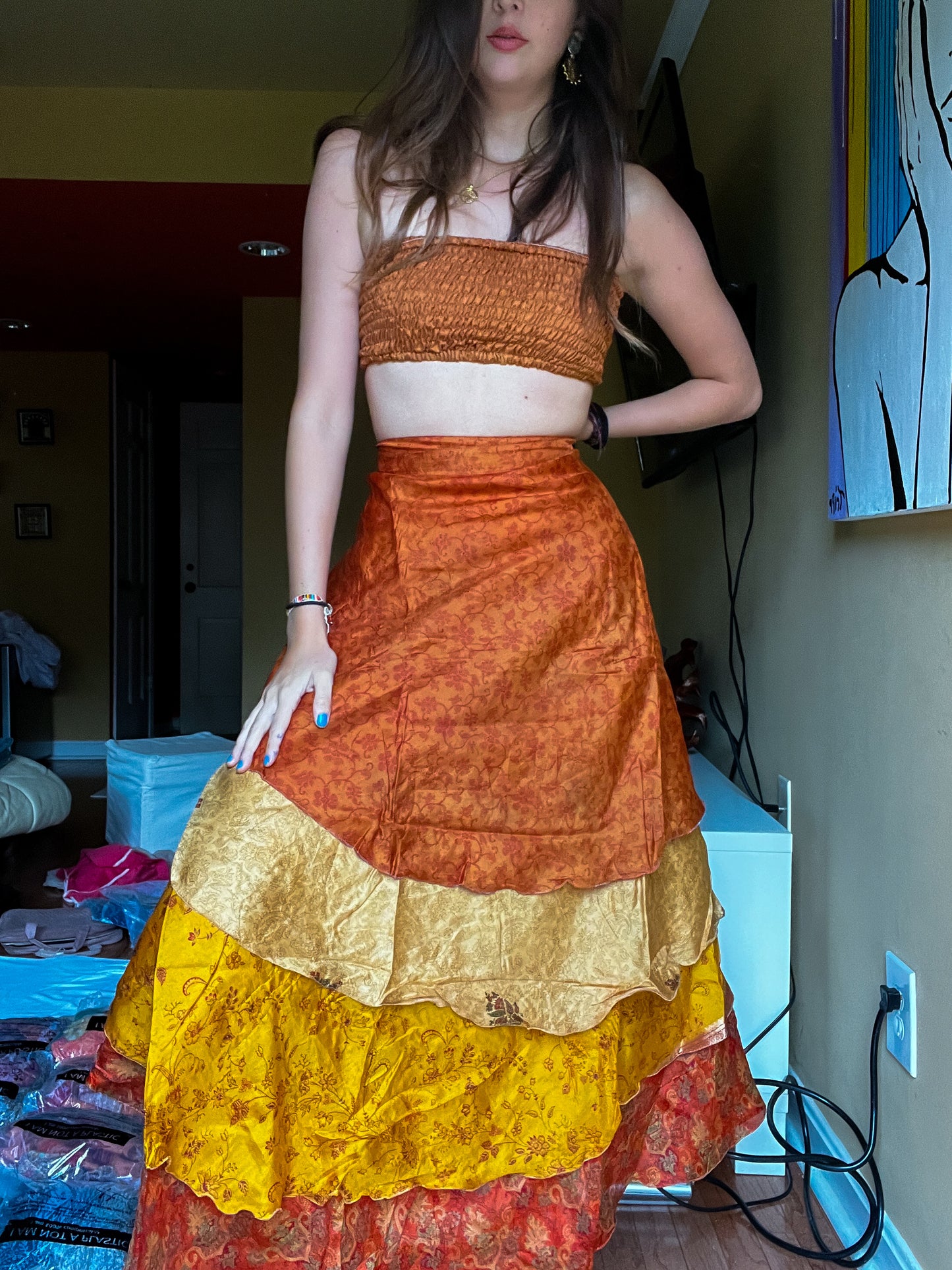 sari wrap skirt #41- brown, gold