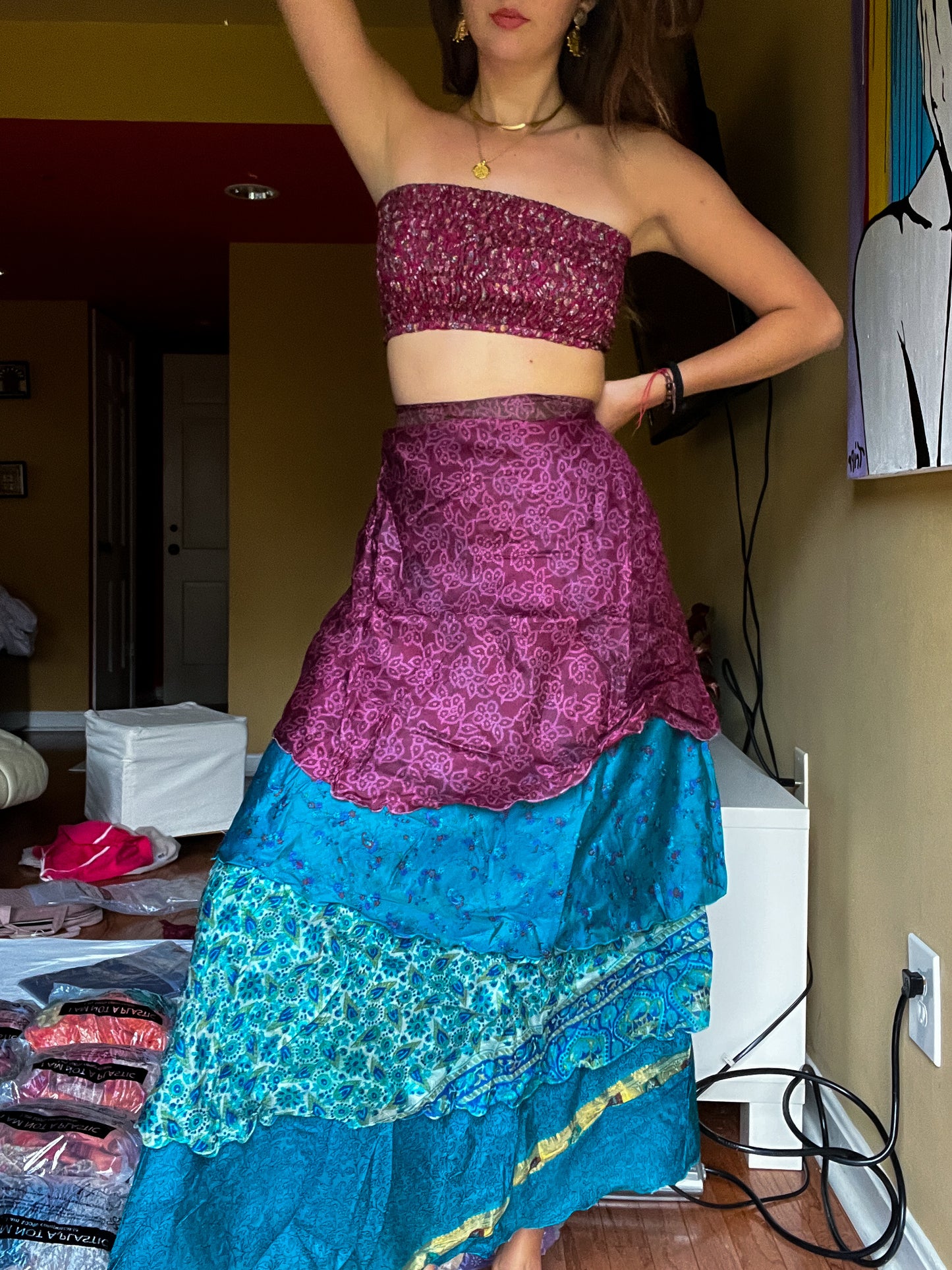 sari wrap skirt #42- purple, blue