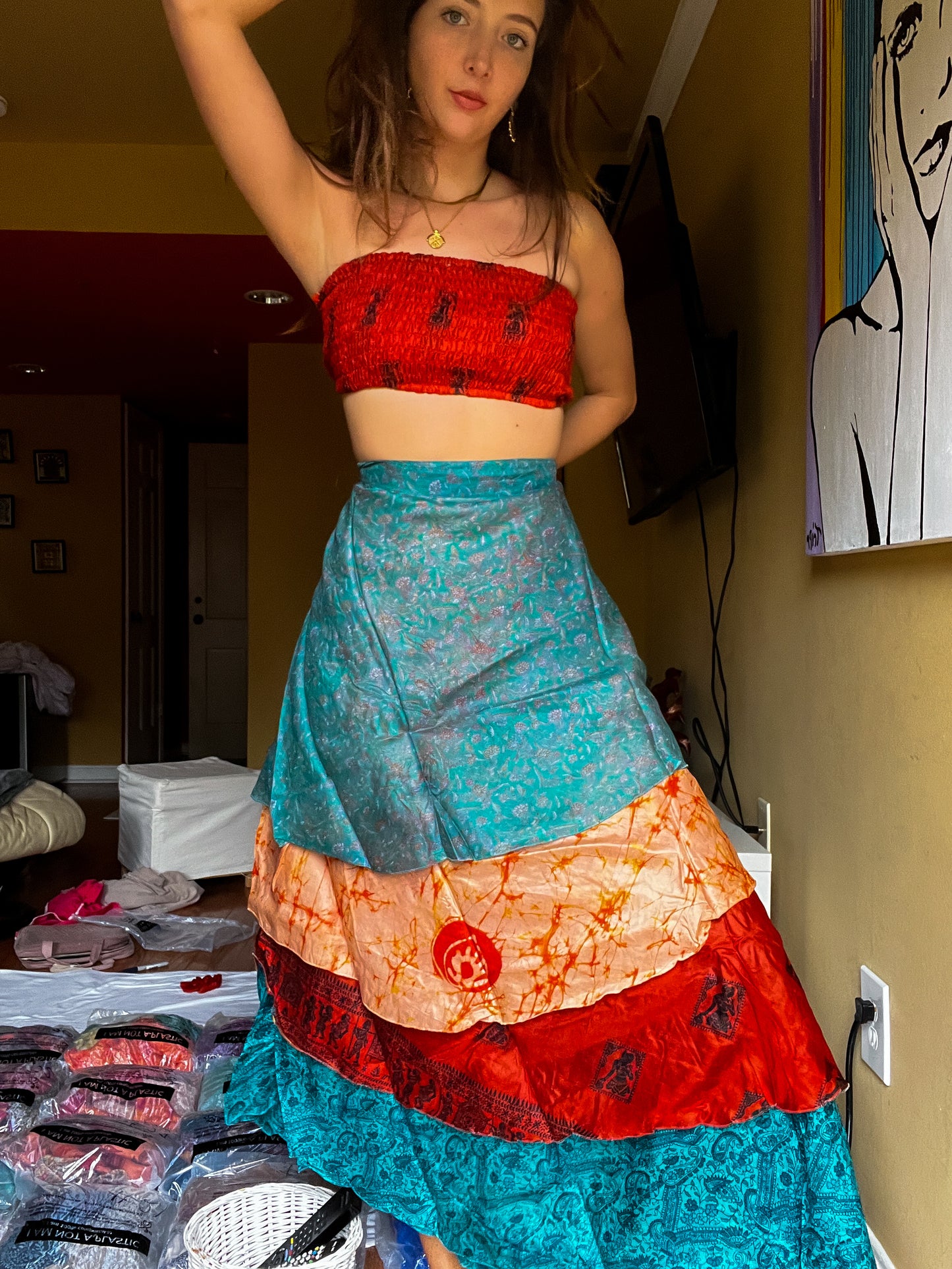 sari wrap skirt #43- blue, orange, beige