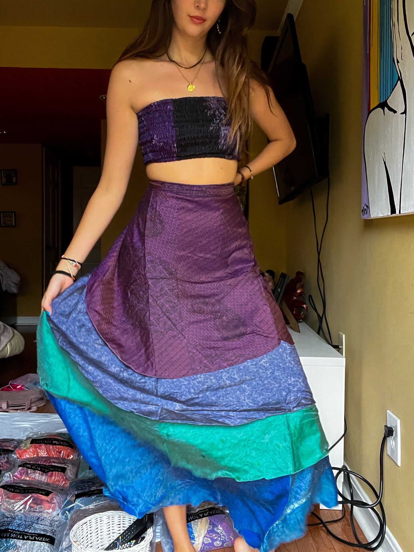 sari wrap skirt #44- purple, blue, aquamarine