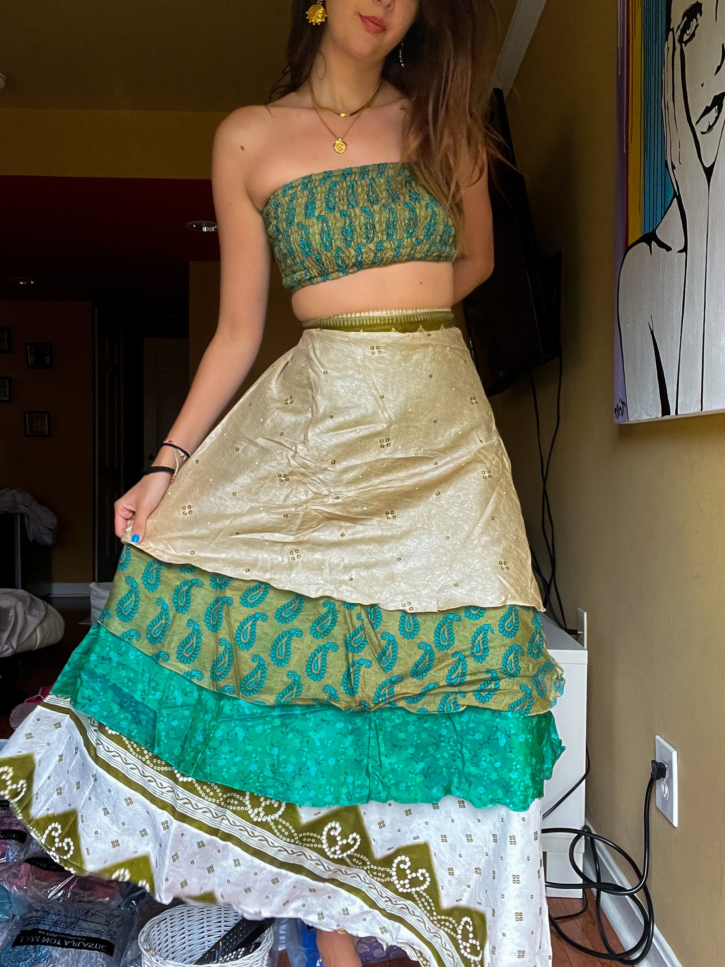 sari wrap skirt #45- green white