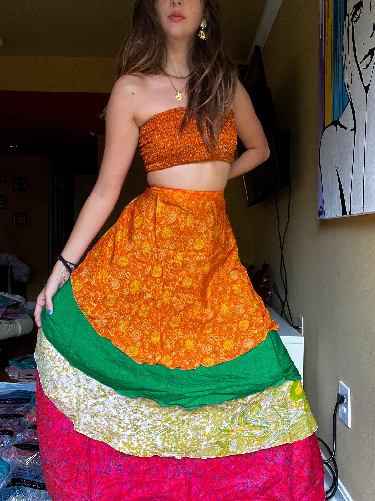 sari wrap skirt #47- orange, green, red