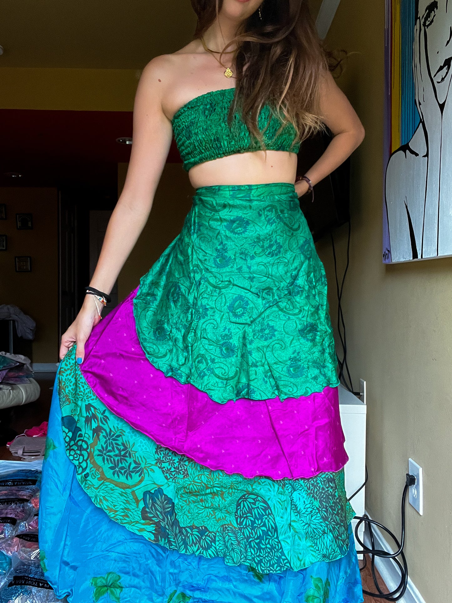 sari wrap skirt #48- green, purple, blue