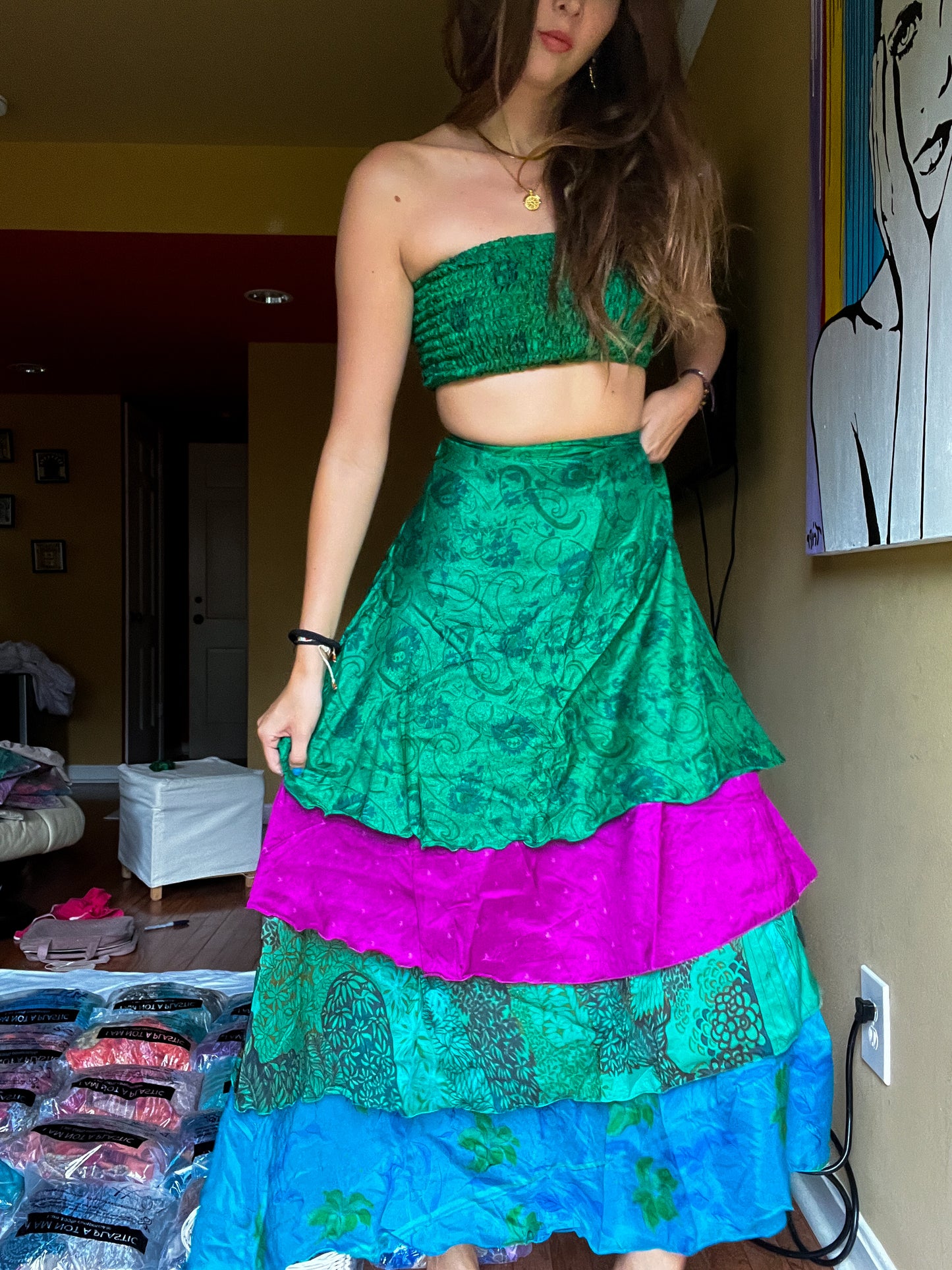 sari wrap skirt #48- green, purple, blue