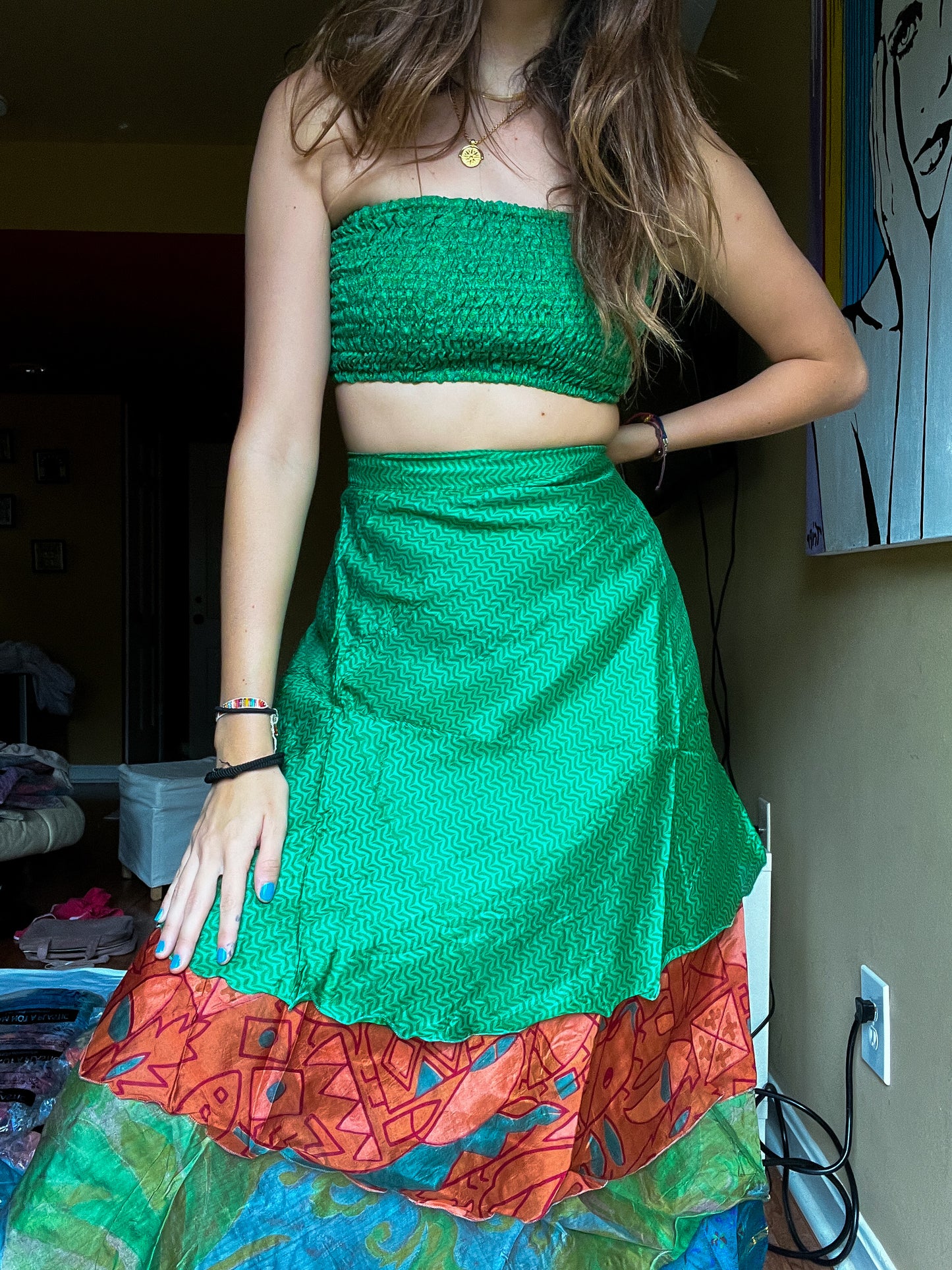 sari wrap skirt #49- green, orange blue