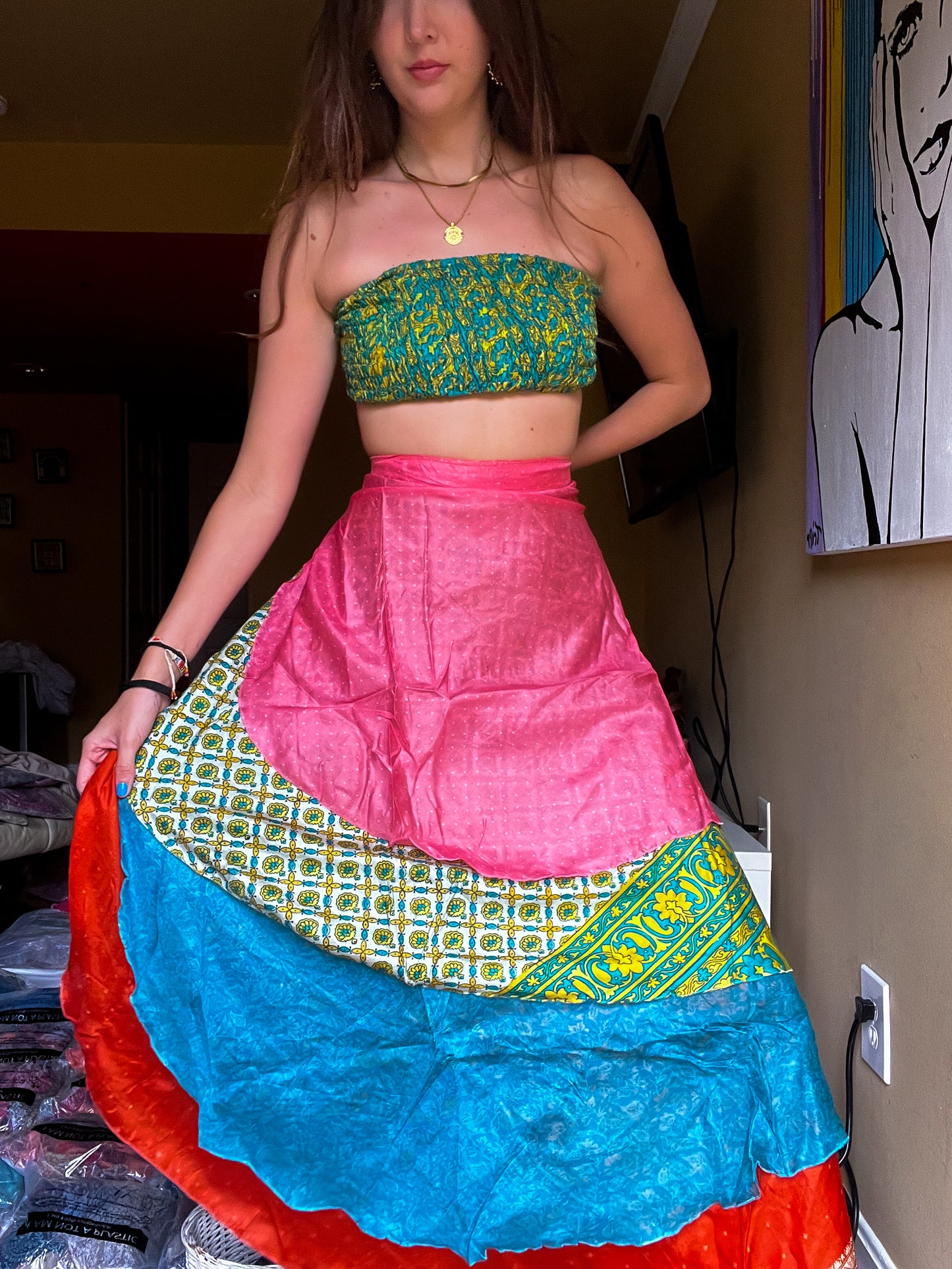 sari wrap skirt #50- pastel pink, green, blue, red