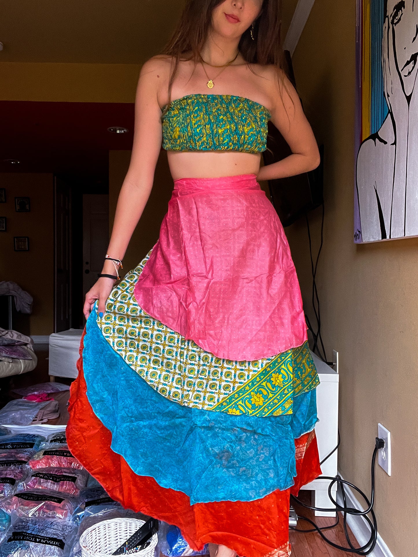 sari wrap skirt #50- pastel pink, green, blue, red