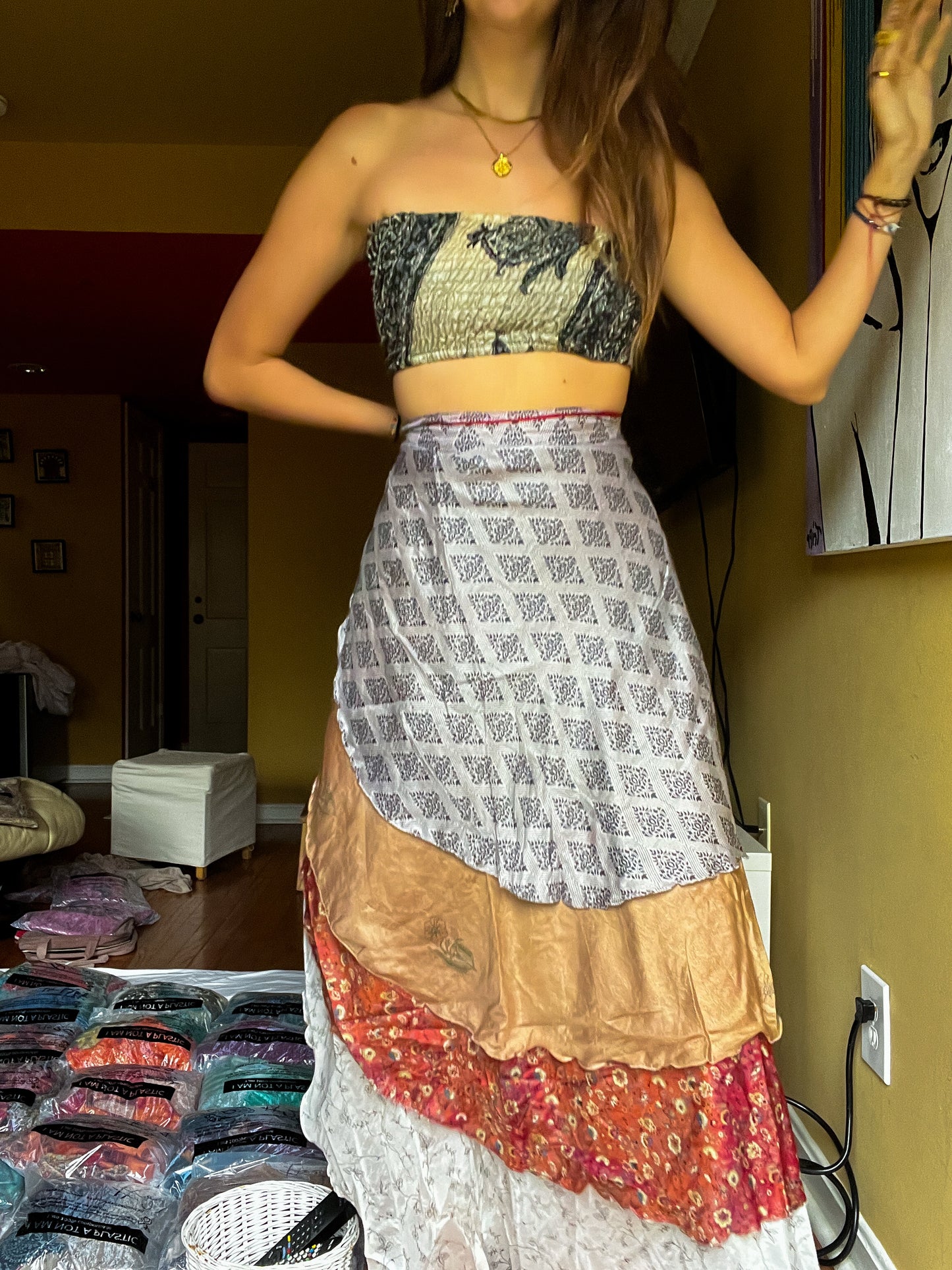sari wrap skirt #51- white, grey, brown, red