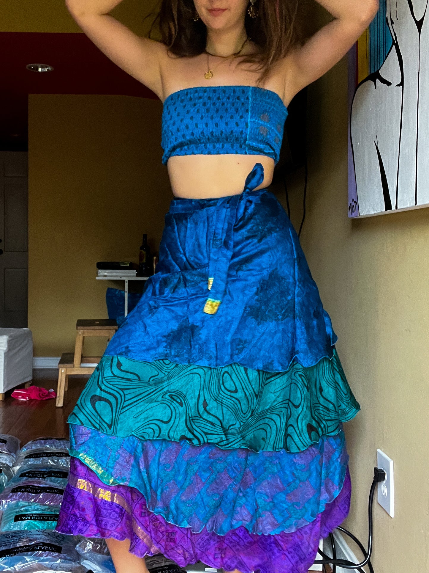 sari wrap skirt #60- blue