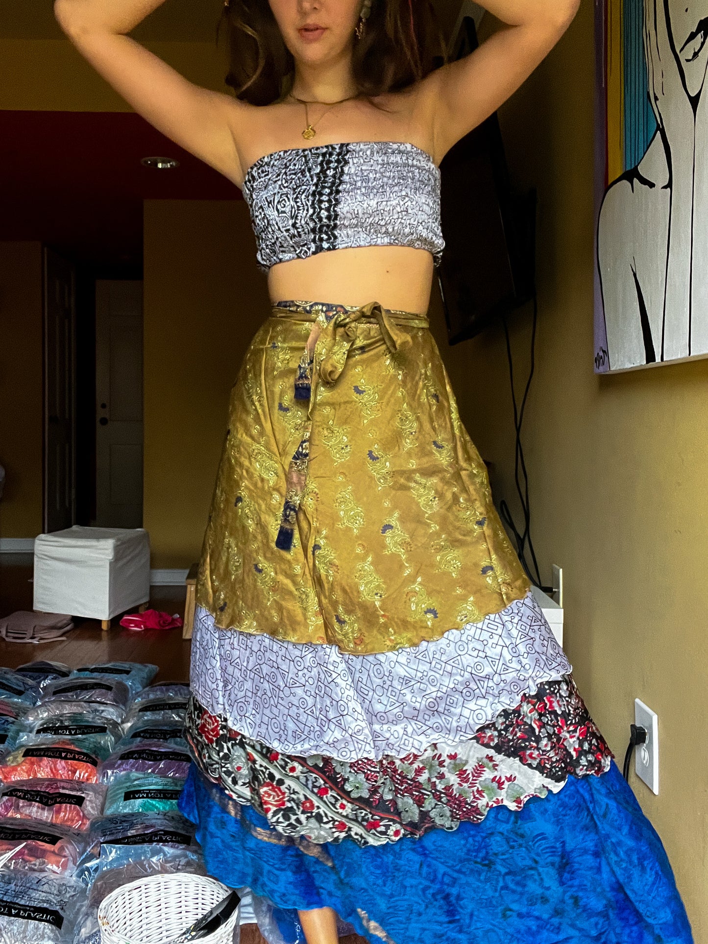 sari wrap skirt #64- white, green, blue BEAUTYYYYY
