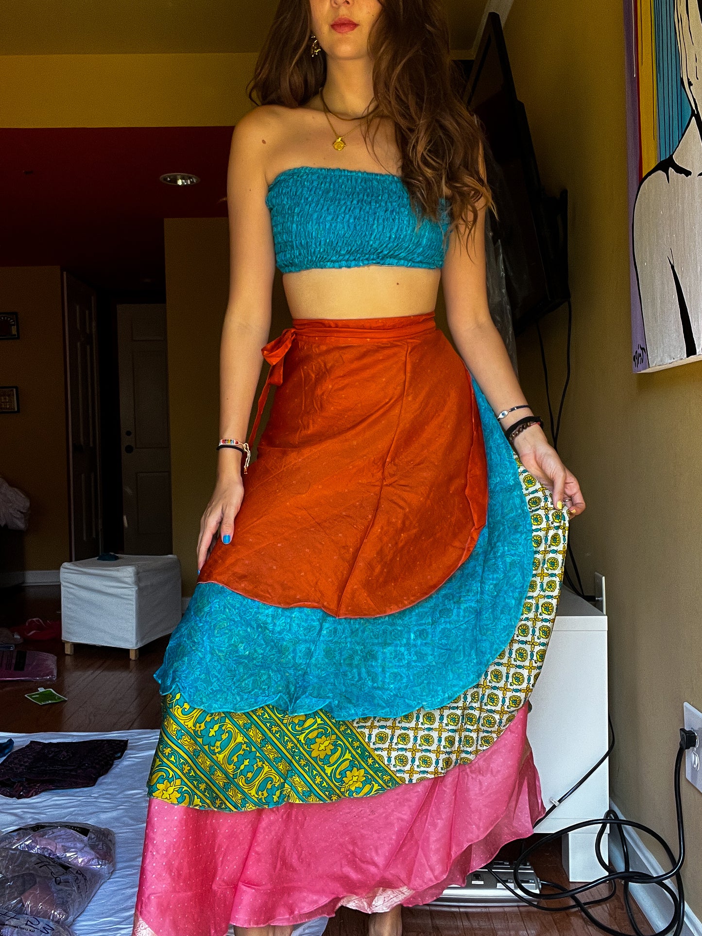 sari wrap skirt #68- orange, blue, pink