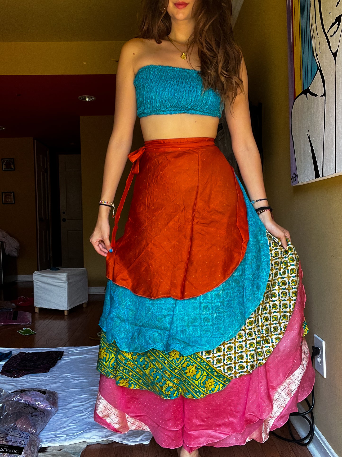 sari wrap skirt #68- orange, blue, pink