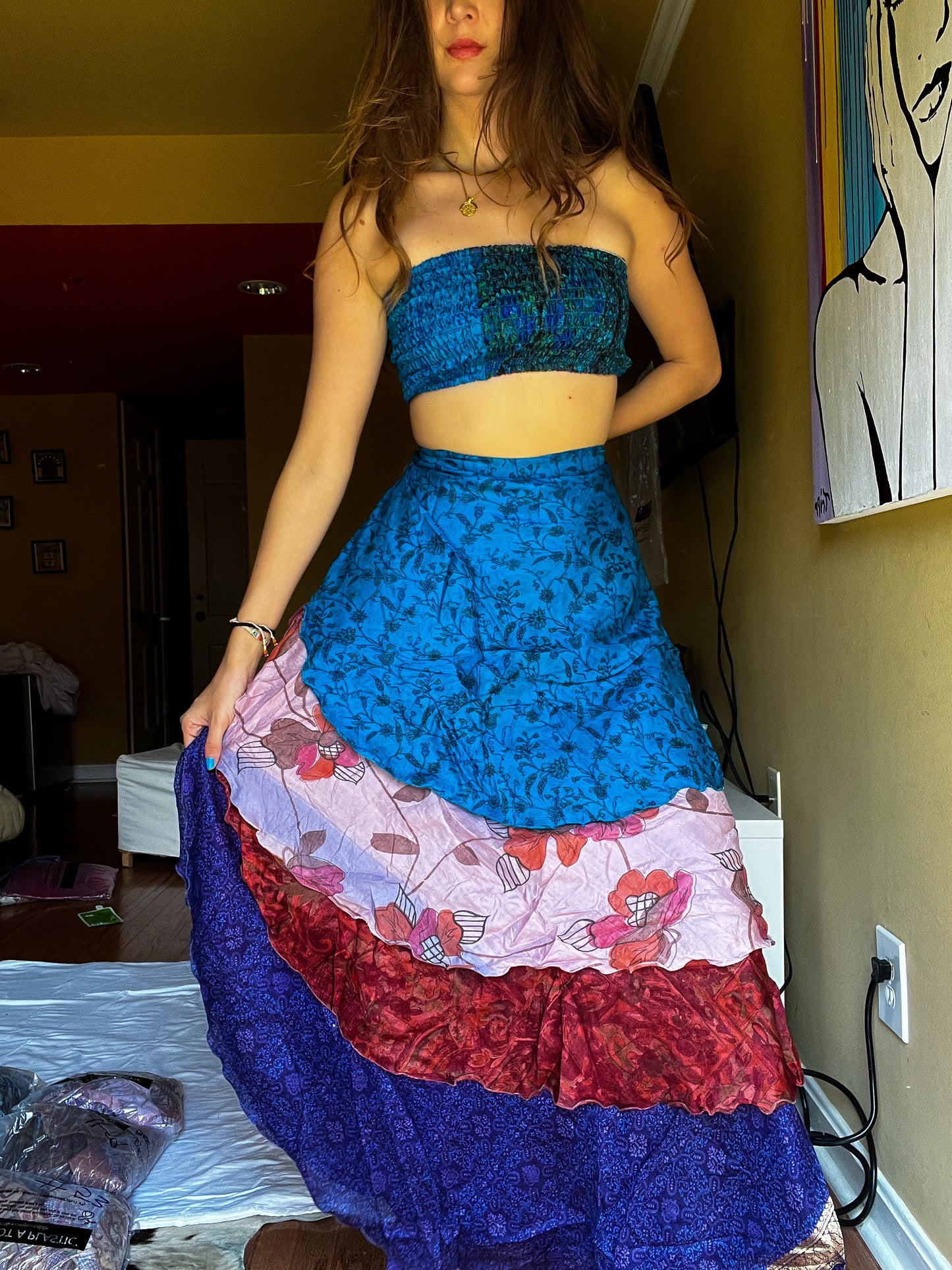 sari wrap skirt #70- Blue, orange, purple
